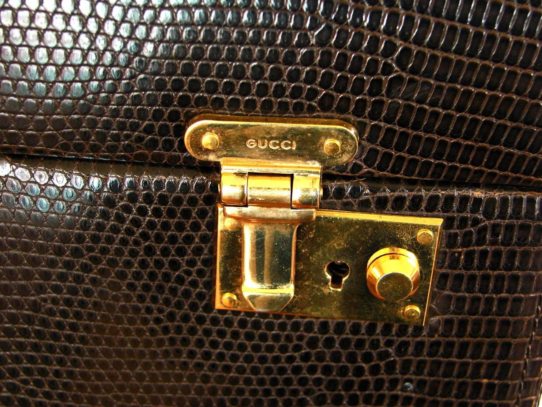 Women's Gucci Lizard Embossed Chocolate Leather Train Case with Mirror + Keys 1980s
