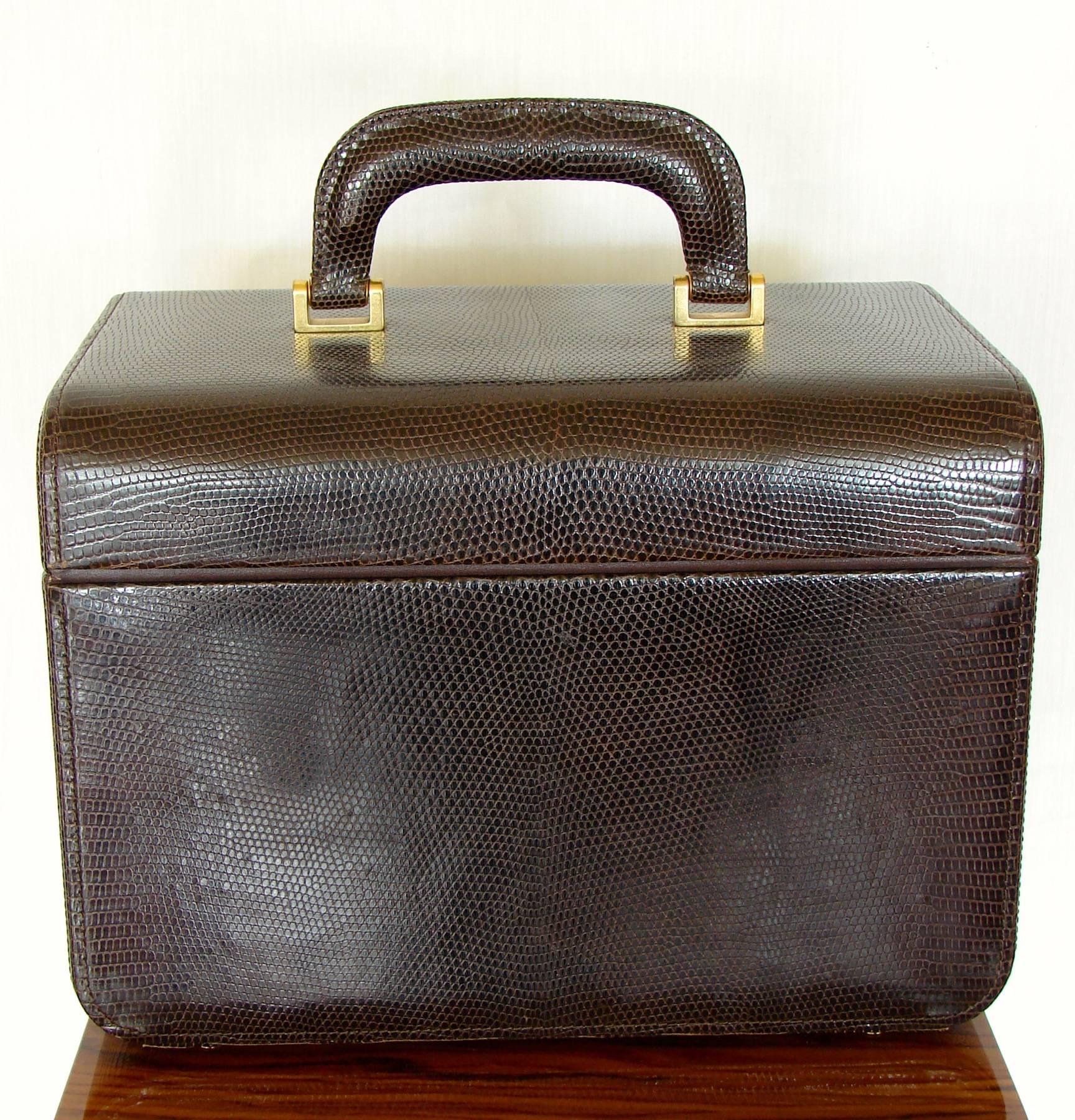 Gucci Lizard Embossed Chocolate Leather Train Case with Mirror + Keys 1980s 1