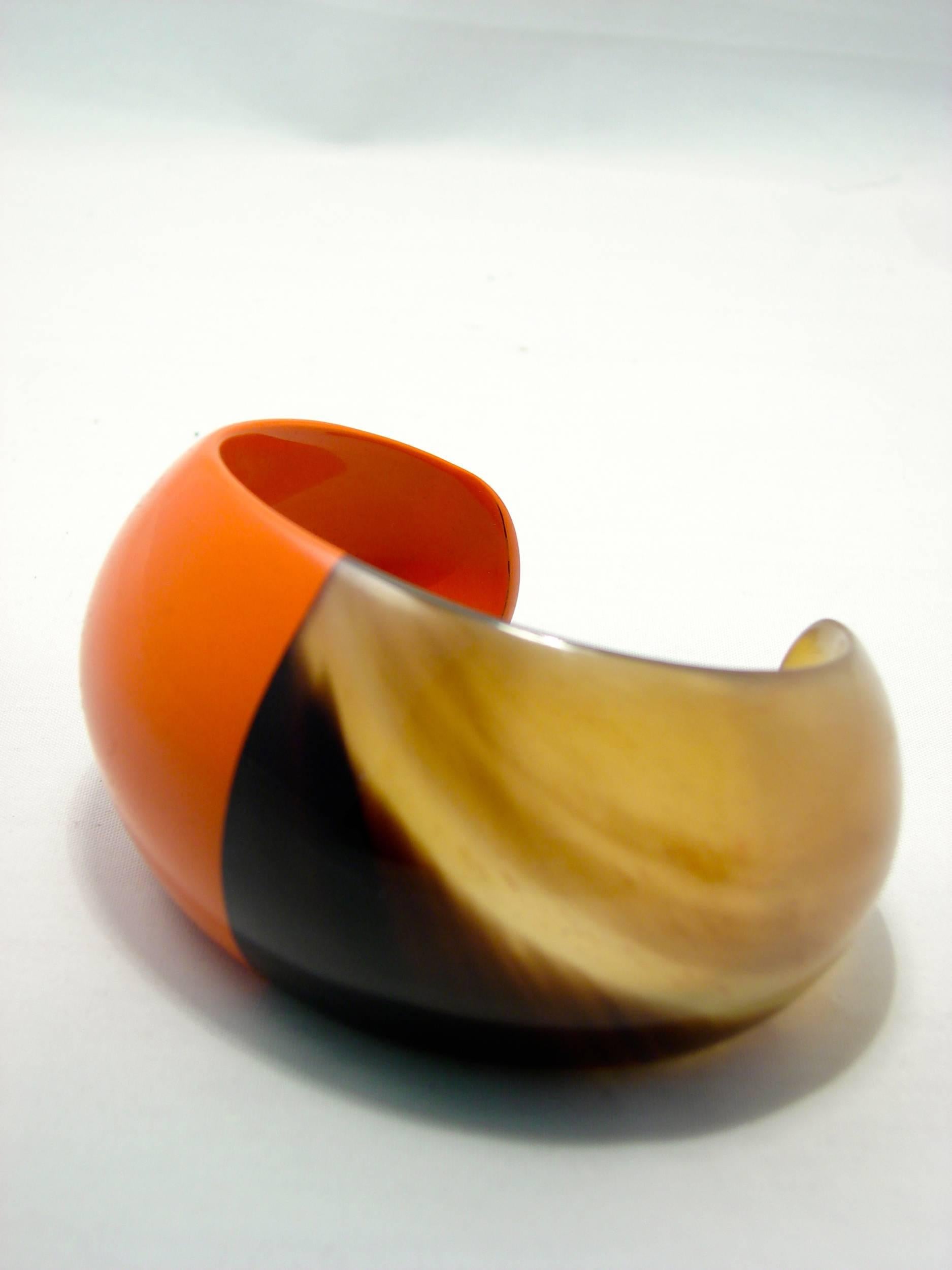 Contemporary Hermes Paris Resin Horn Cuff Bracelet Range & Natural + Dust Cover 2013