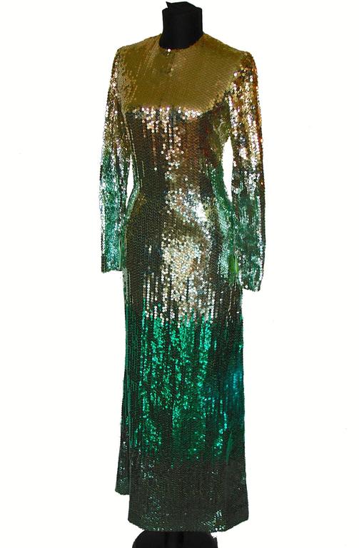 Bill Blass Metallic Sequins Emerald Ombre Evening Dress Gown 1970s Size ...