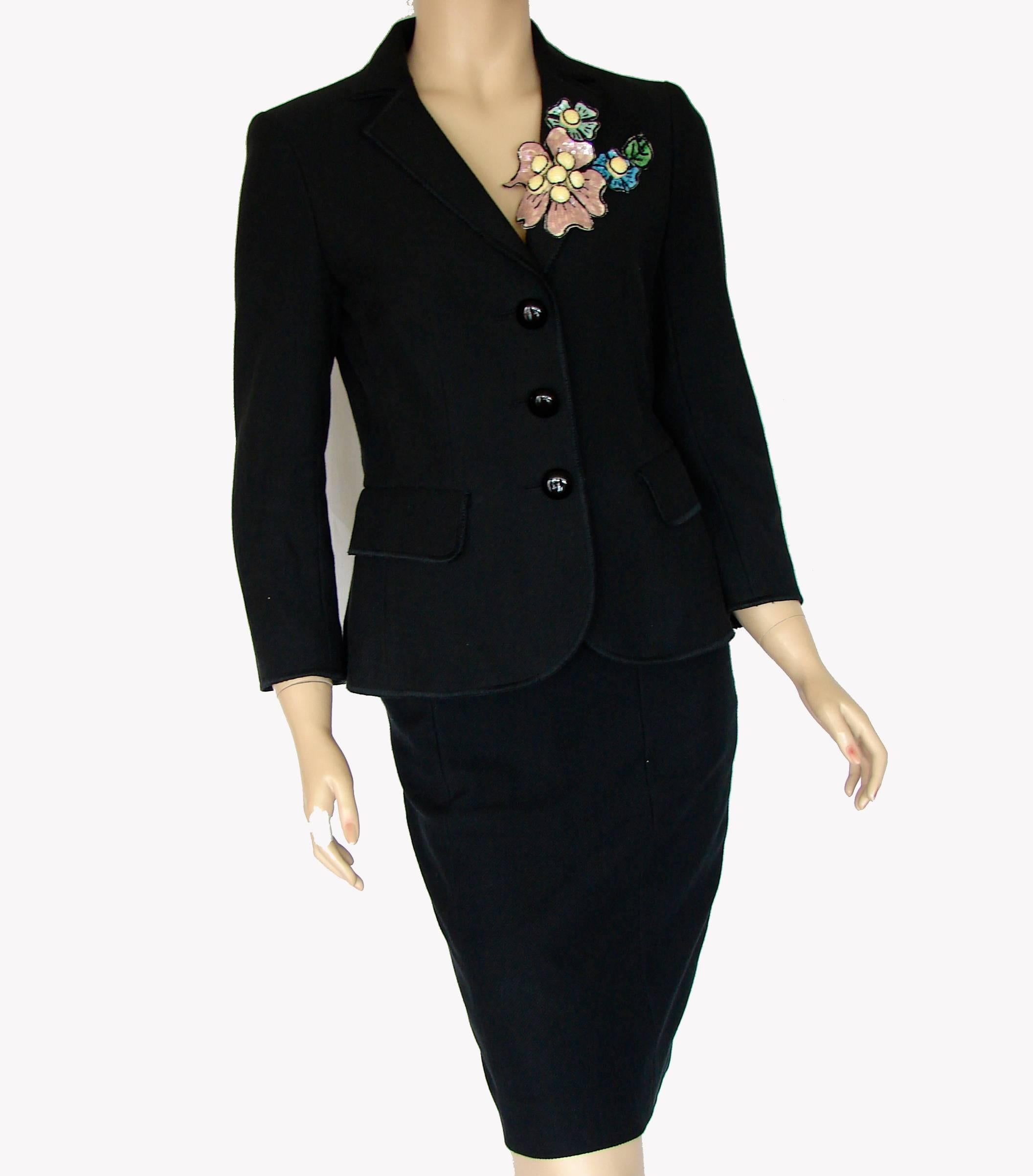 Women's Moschino Cheap & Chic Black Jacket & Skirt Suit Sequin Corsage US Size 4/6