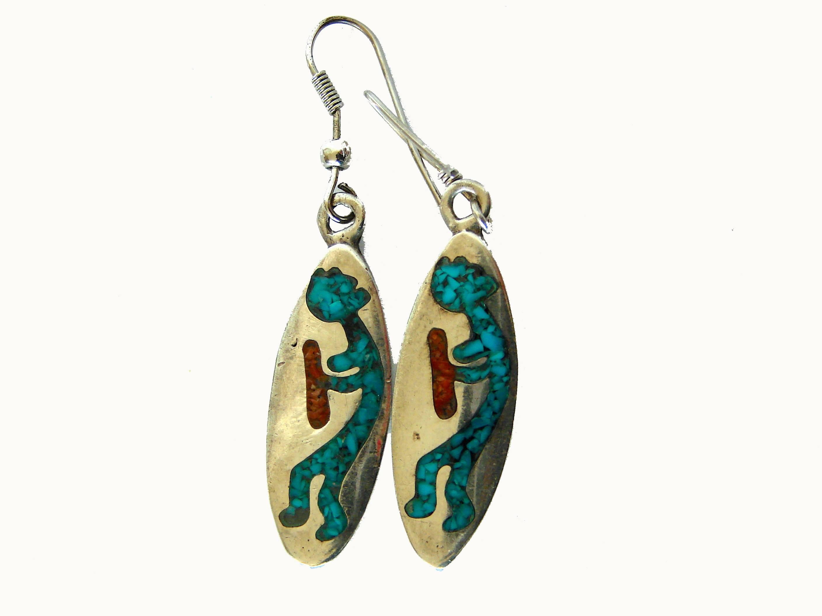 1970s Native American Turquoise Coral Flute Players Hopi Kokopelli Earrings In Good Condition In Port Saint Lucie, FL