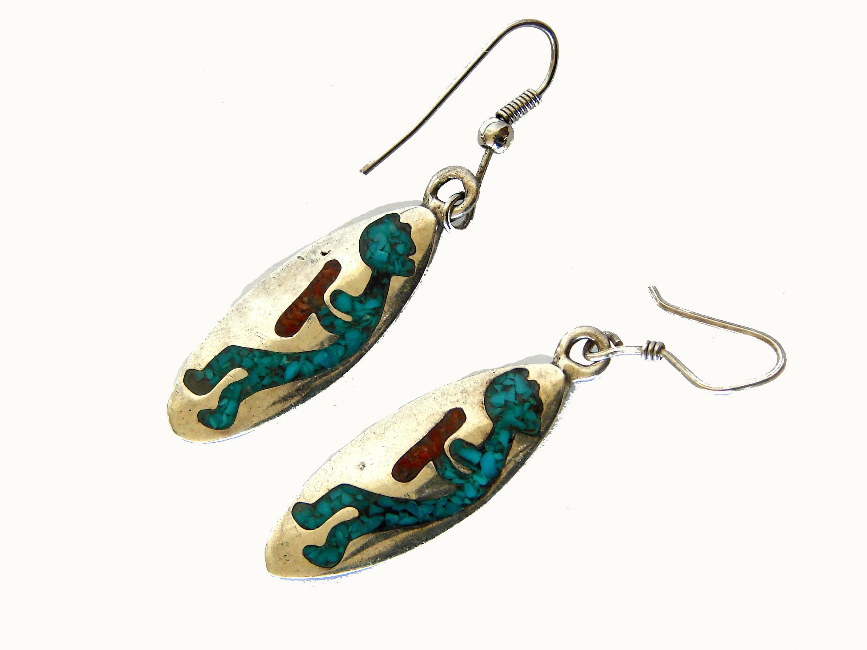 Women's 1970s Native American Turquoise Coral Flute Players Hopi Kokopelli Earrings