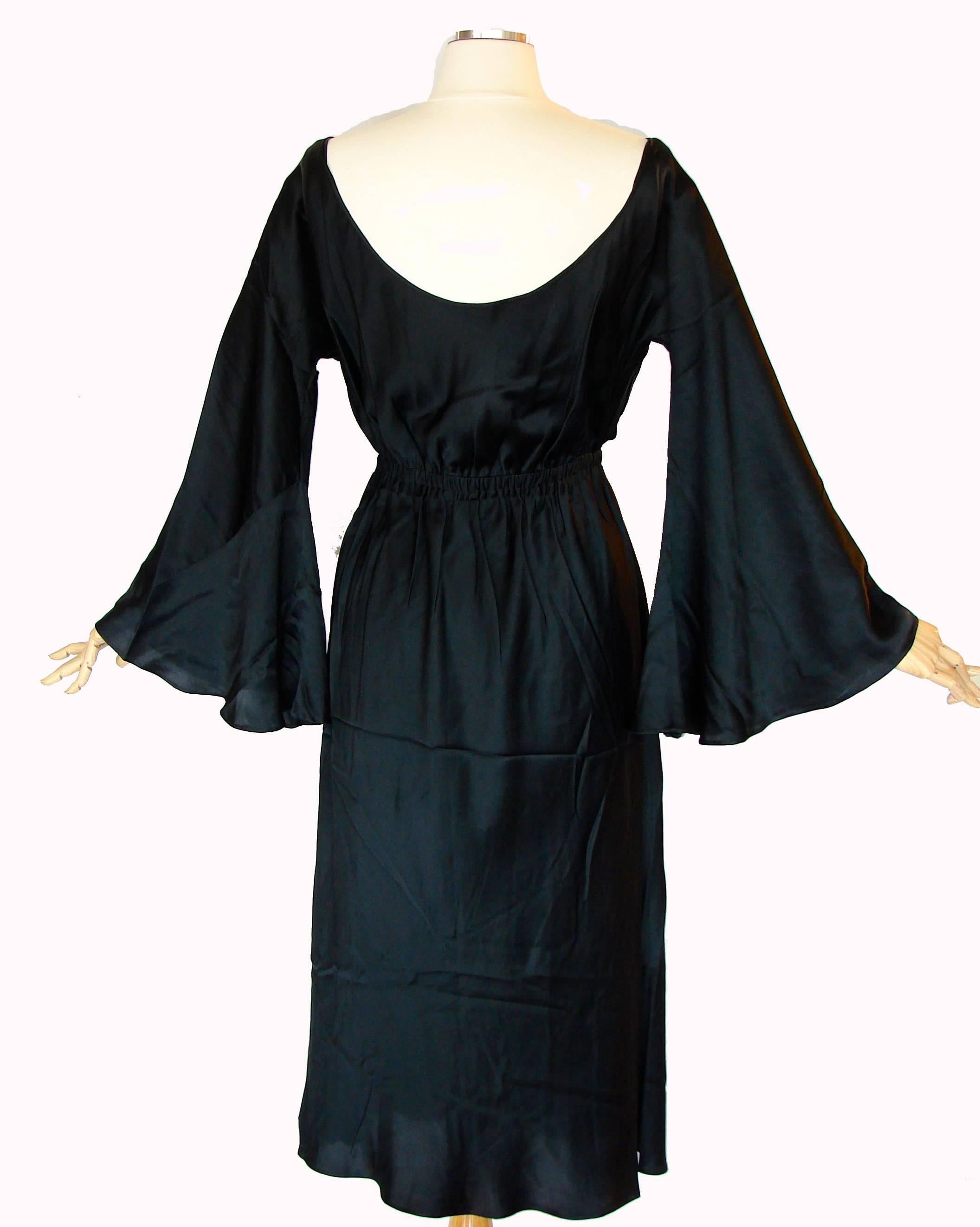 70s Halston Black Cocktail Dress with Low Back Bell Sleeves Silk Carmeuse Sz M 1