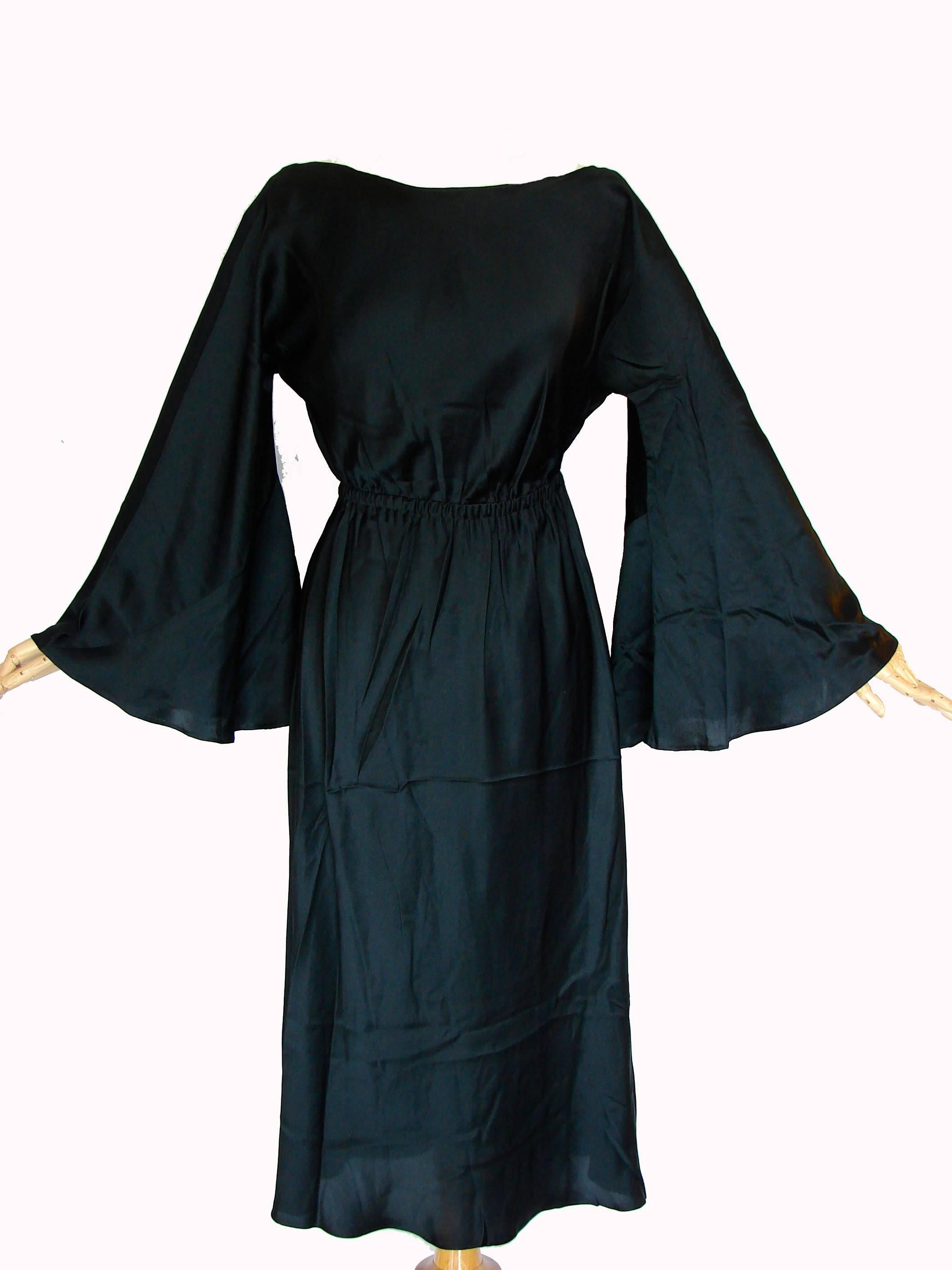 70s Halston Black Cocktail Dress with Low Back Bell Sleeves Silk Carmeuse Sz M In Excellent Condition In Port Saint Lucie, FL