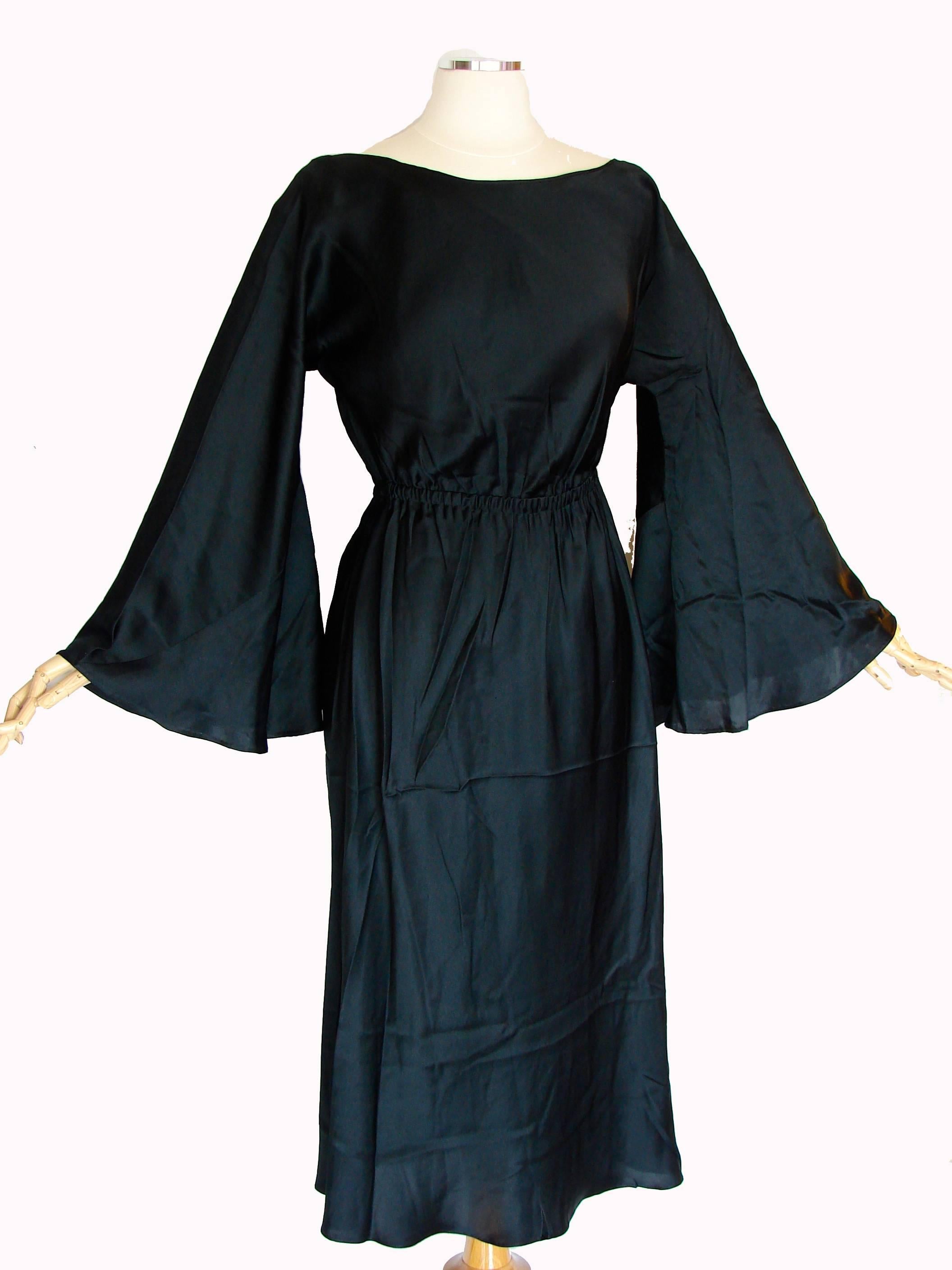 Women's 70s Halston Black Cocktail Dress with Low Back Bell Sleeves Silk Carmeuse Sz M