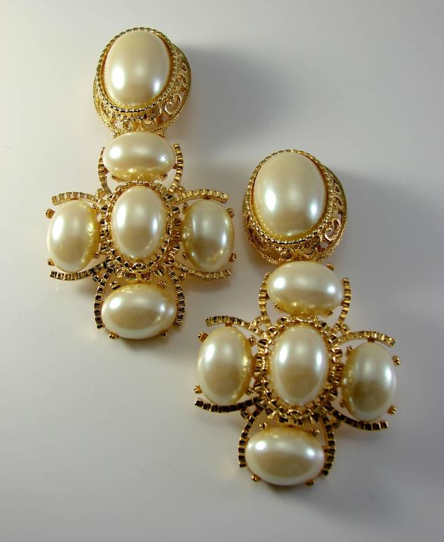 Massive 3" Long Faux Pearl and Gold Metal Statement Earrings by St