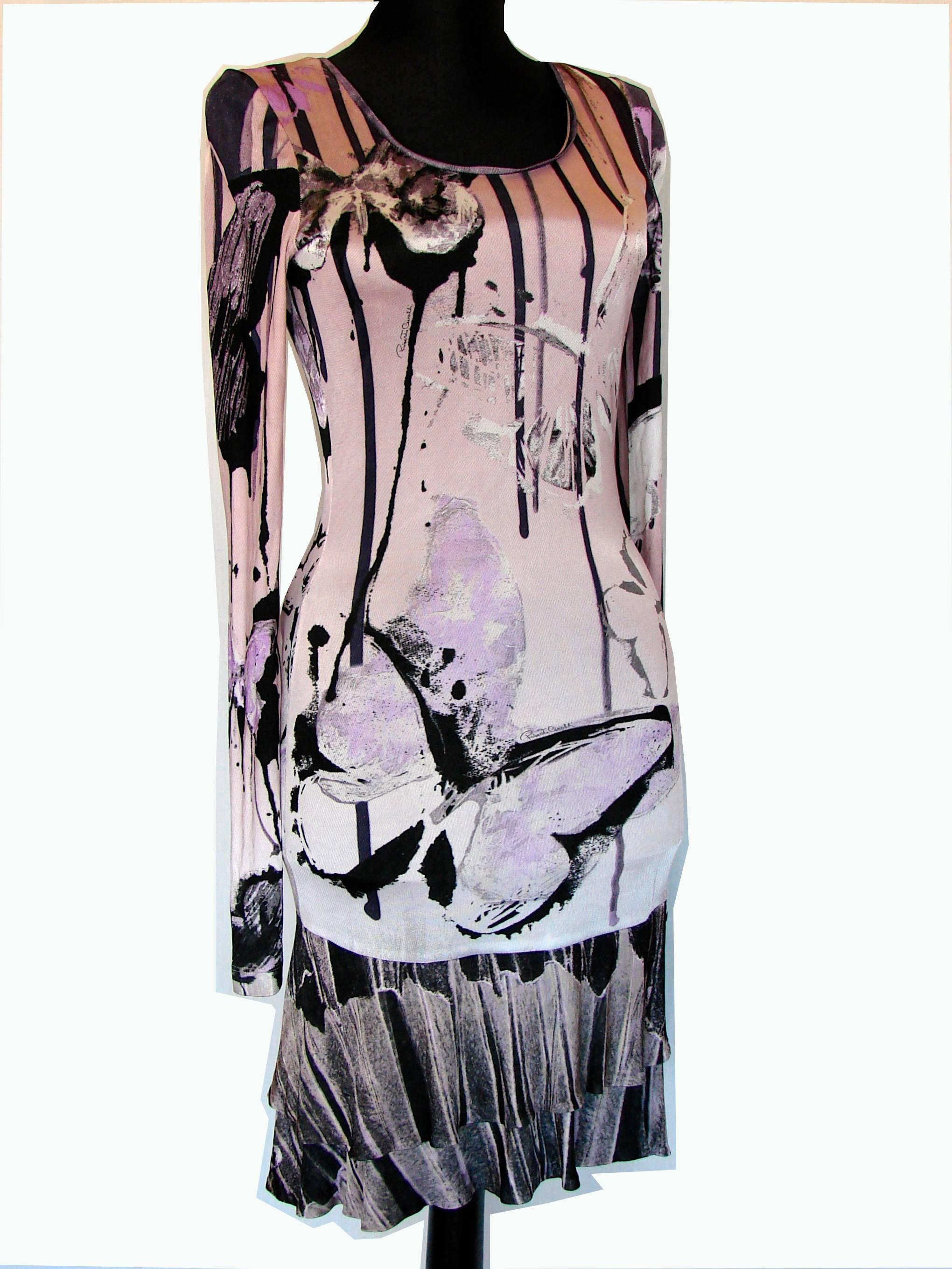 Roberto Cavalli Vibrant Butterfly Print Dress Bodycon Tiered Hem Size 36 In Excellent Condition In Port Saint Lucie, FL