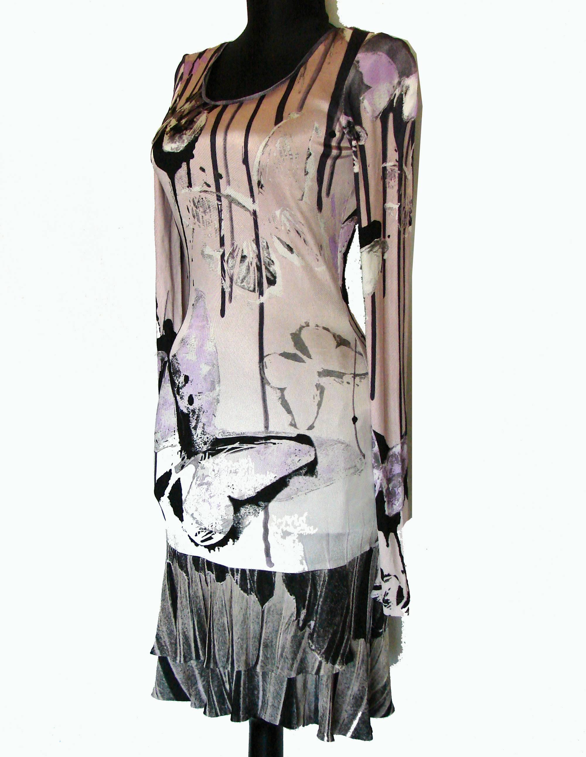 Women's Roberto Cavalli Vibrant Butterfly Print Dress Bodycon Tiered Hem Size 36