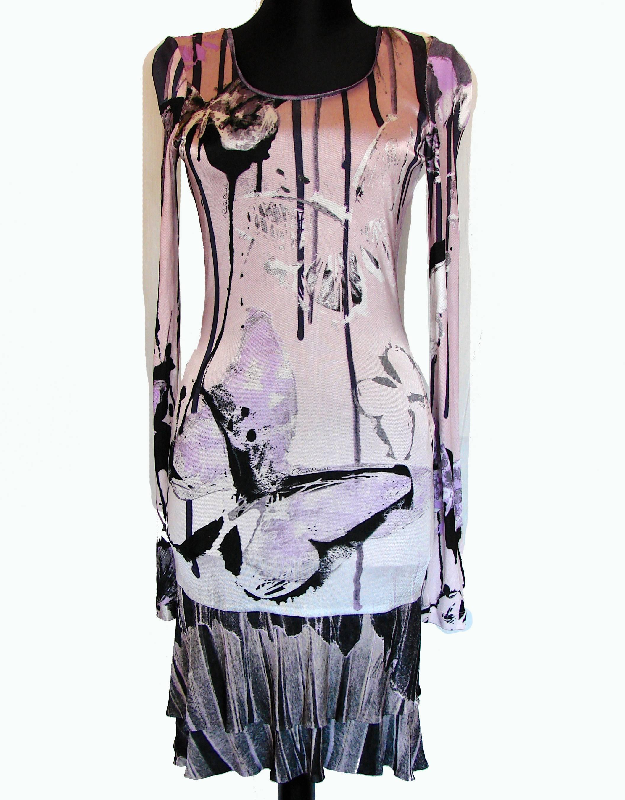 Roberto Cavalli Vibrant Butterfly Print Dress Bodycon Tiered Hem Size 36 2