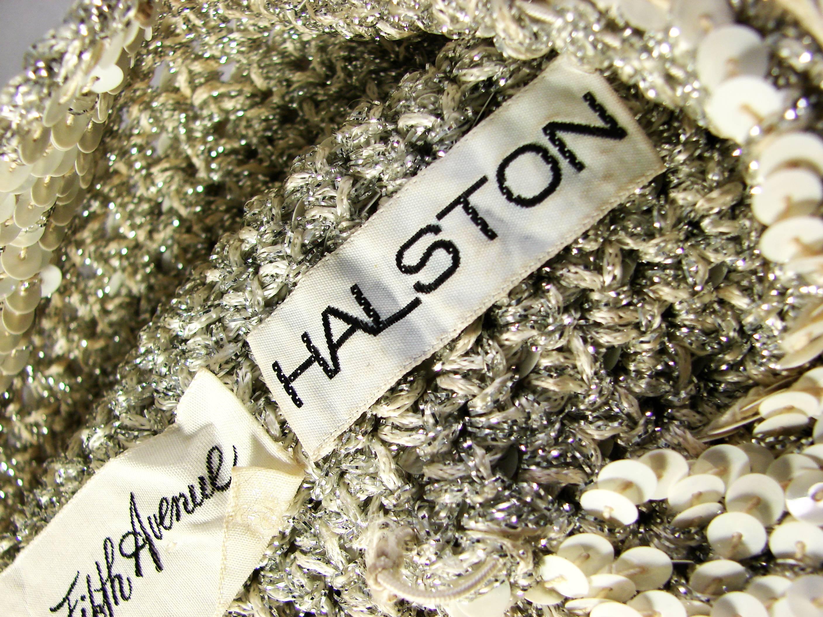 Rare Halston Sequins Skull Cap Hat White Silver Metallic Adjustable Saks Sz S/M 2