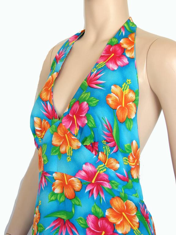 1960s Vibrant Hawaiian Floral Print Halter Maxi Dress Hilo Hattie Pomare For Sale at 1stdibs