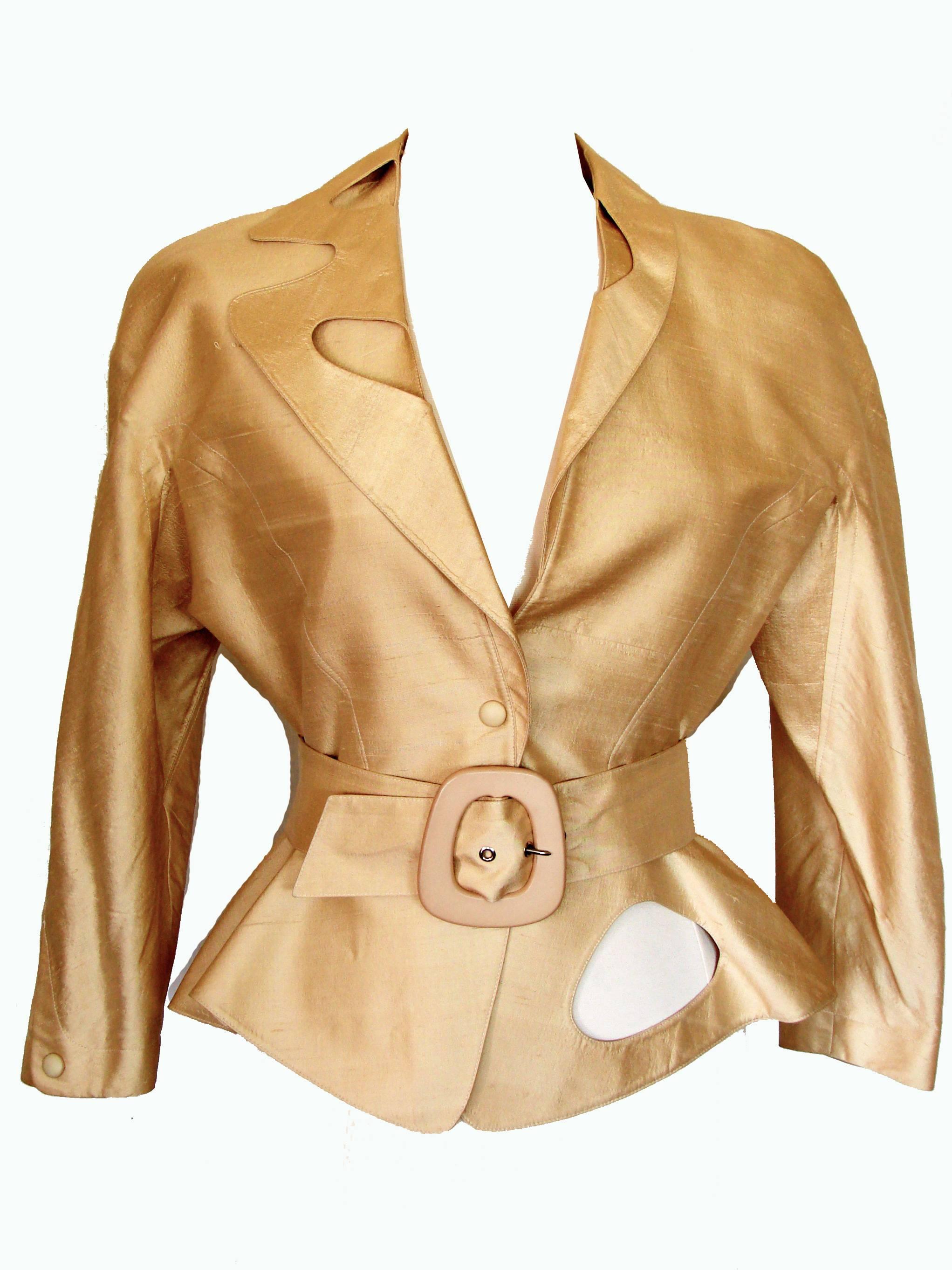 Brown Thierry Mugler Paris Sculptural Gold Doupioni Silk Jacket + Belt Set Size 40 198