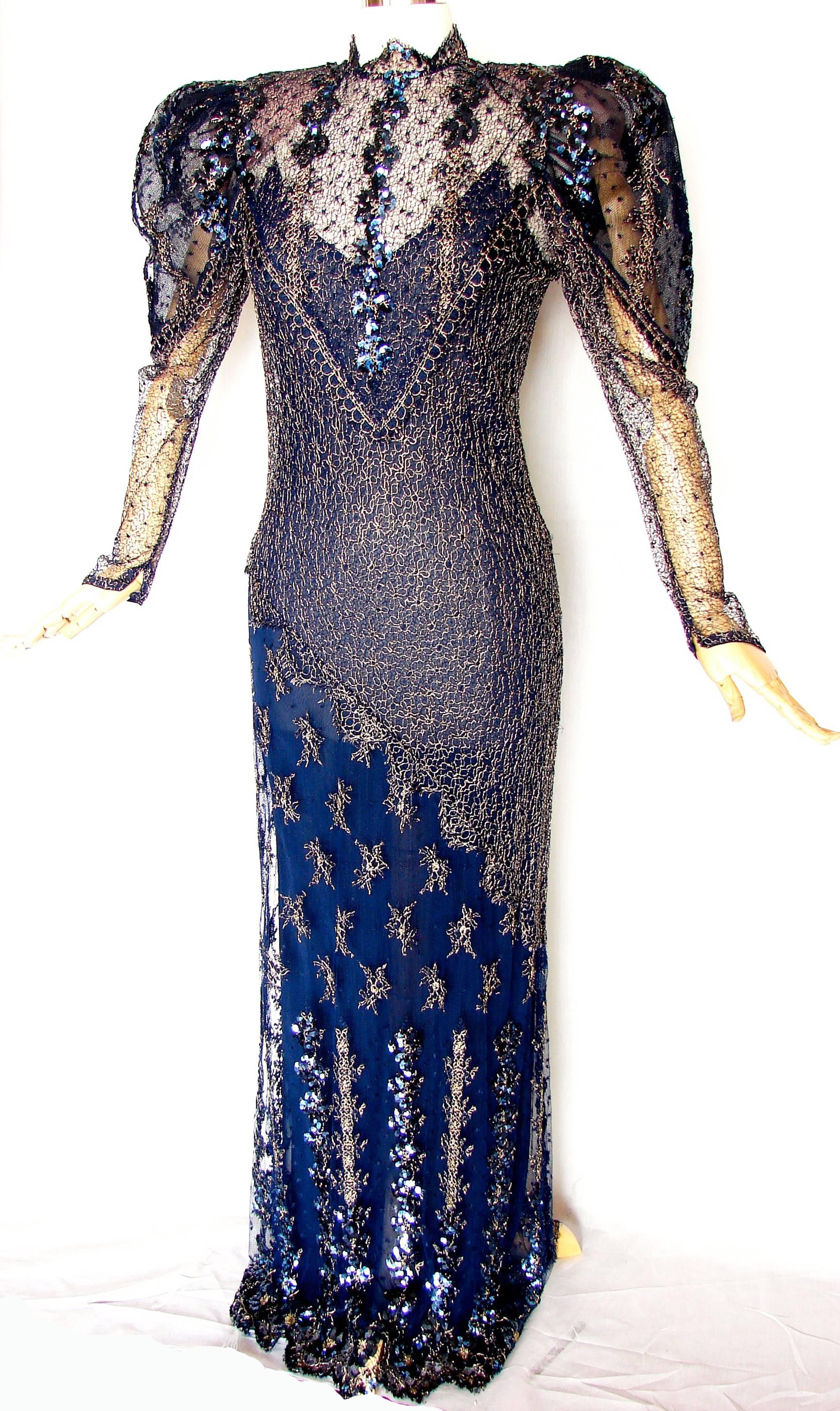 Judy Hornby Couture Long Dress Navy Gigot Sleeve & Gold Lace Embroidery Sz10  In Excellent Condition In Port Saint Lucie, FL