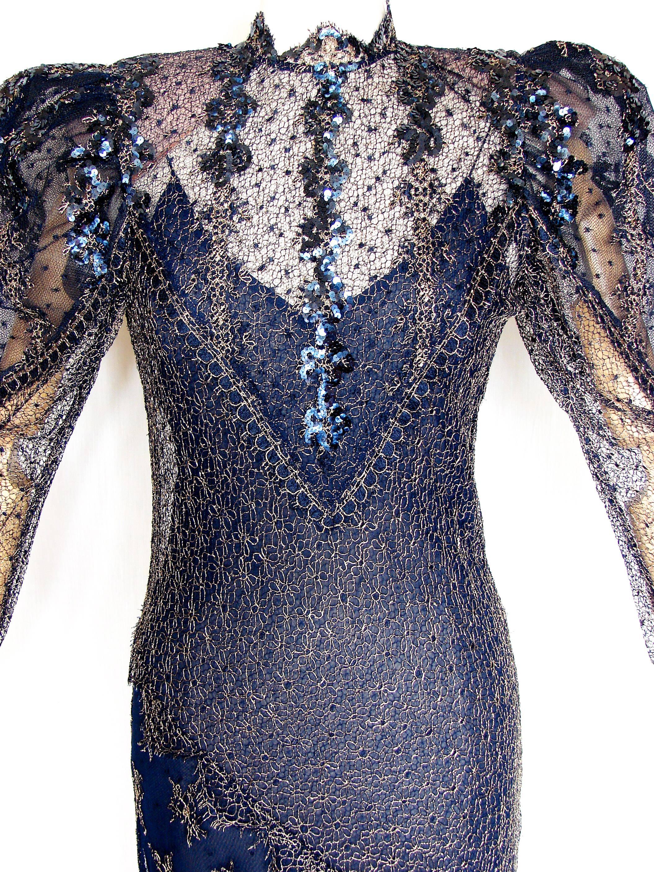 Judy Hornby Couture Long Dress Navy Gigot Sleeve & Gold Lace Embroidery Sz10  2