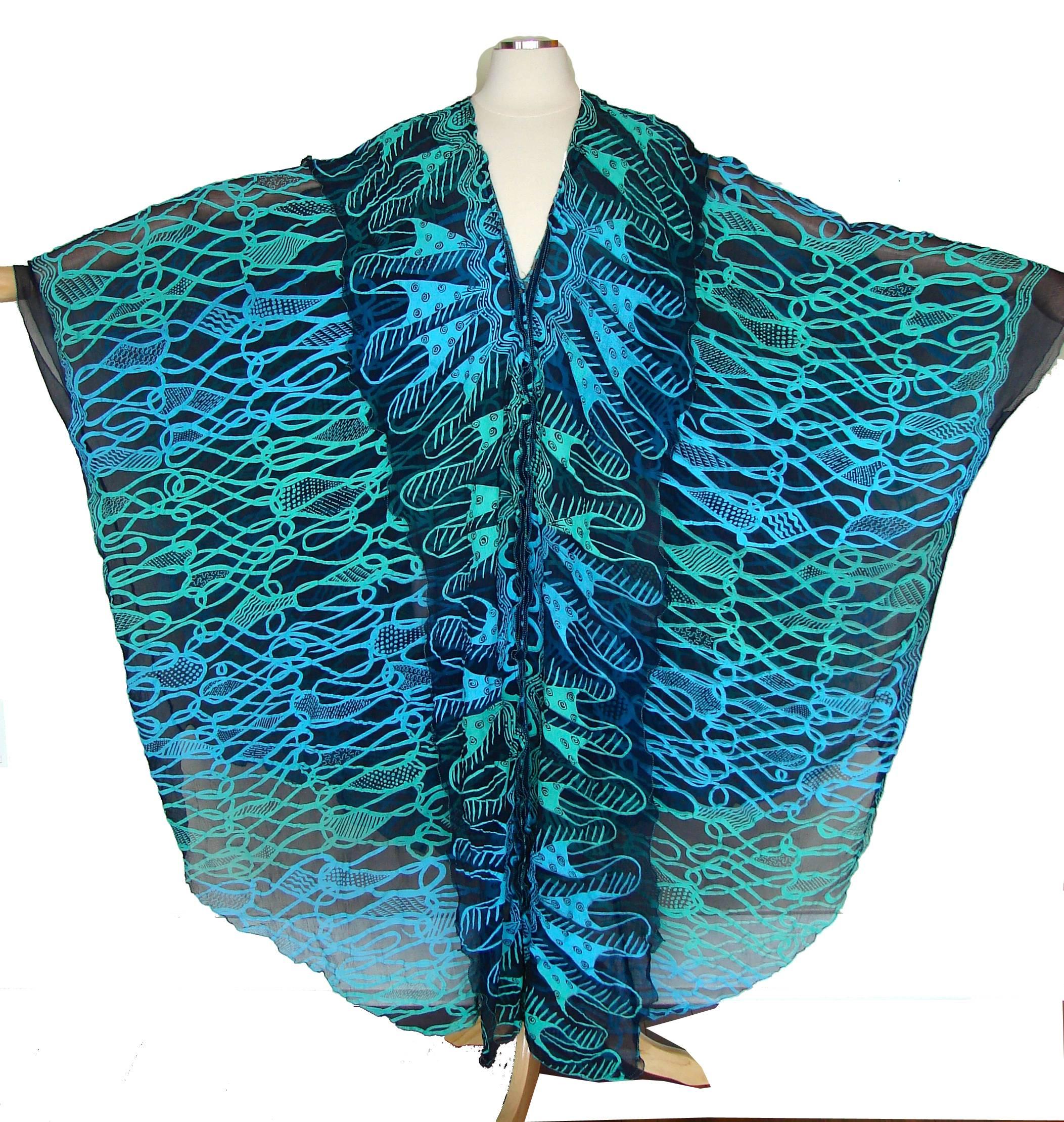 70s Zandra Rhodes Kaftan Dress Silk Chiffon Blue Abstract Print Size M   3