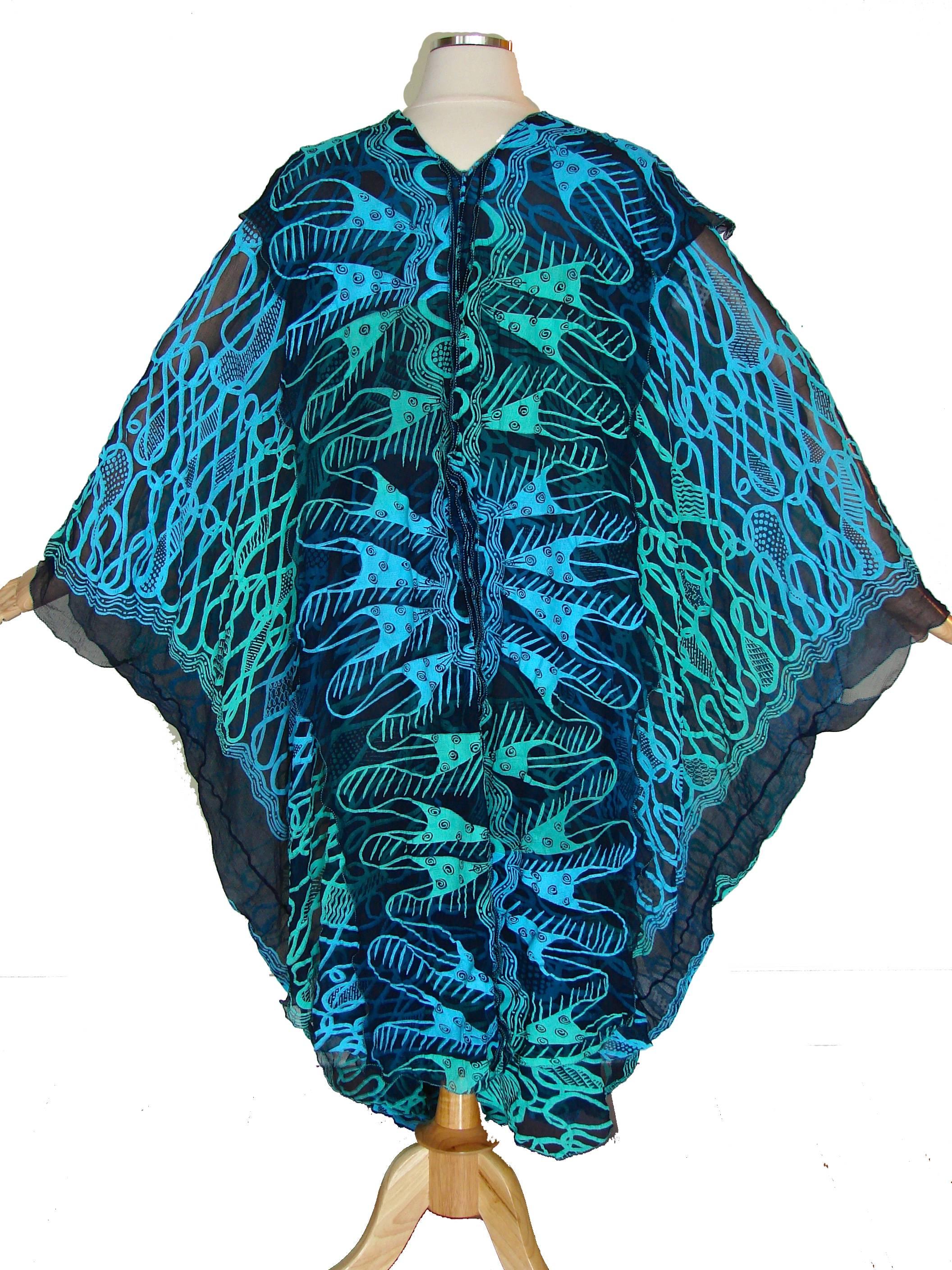 70s Zandra Rhodes Kaftan Dress Silk Chiffon Blue Abstract Print Size M   1