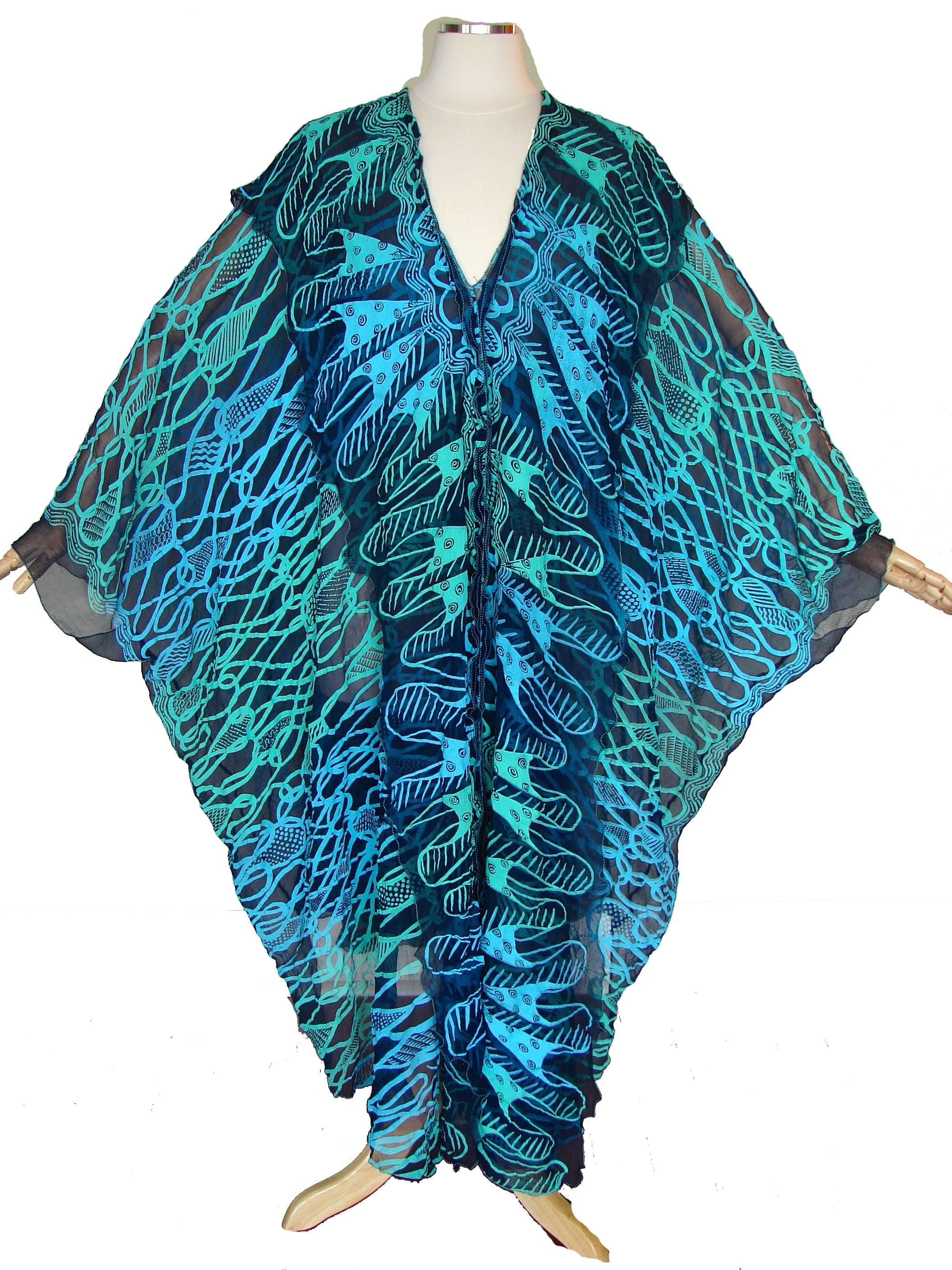 Women's 70s Zandra Rhodes Kaftan Dress Silk Chiffon Blue Abstract Print Size M  