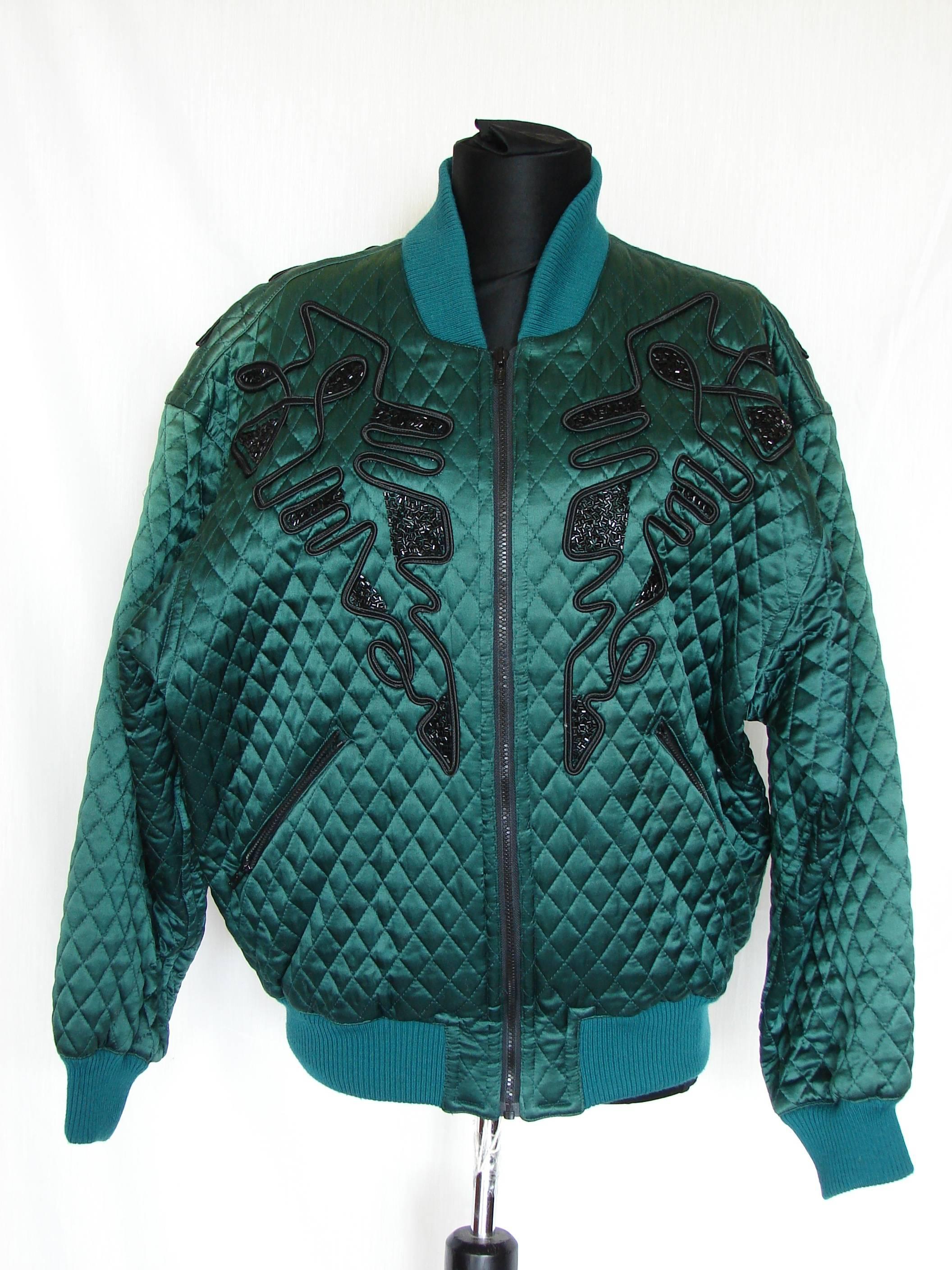 Kansai Yamamoto O2 Green Quilted Silk Jacket with Black Jet Bead Designs 1980s M In Good Condition In Port Saint Lucie, FL