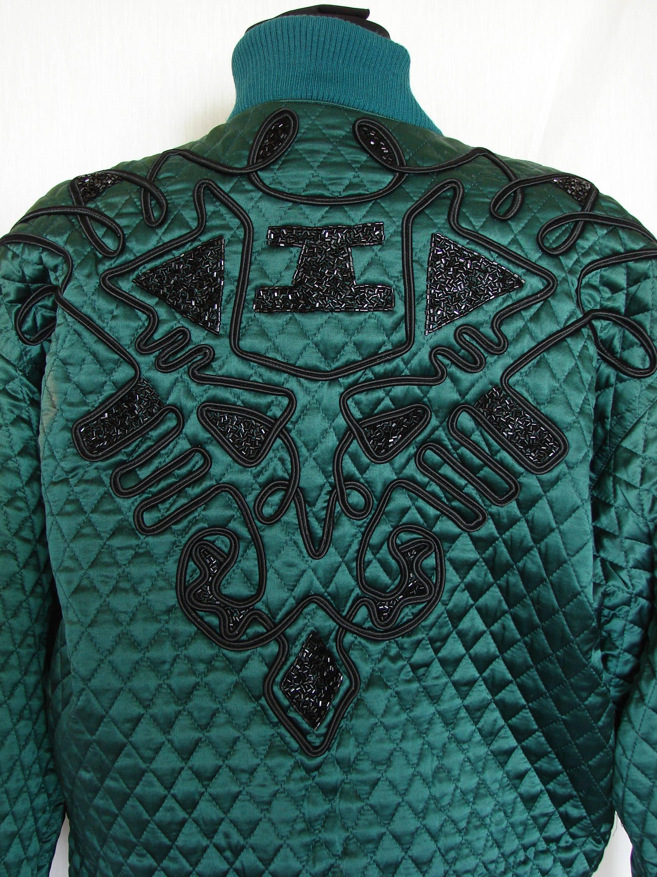 Kansai Yamamoto O2 Green Quilted Silk Jacket with Black Jet Bead Designs 1980s M 3