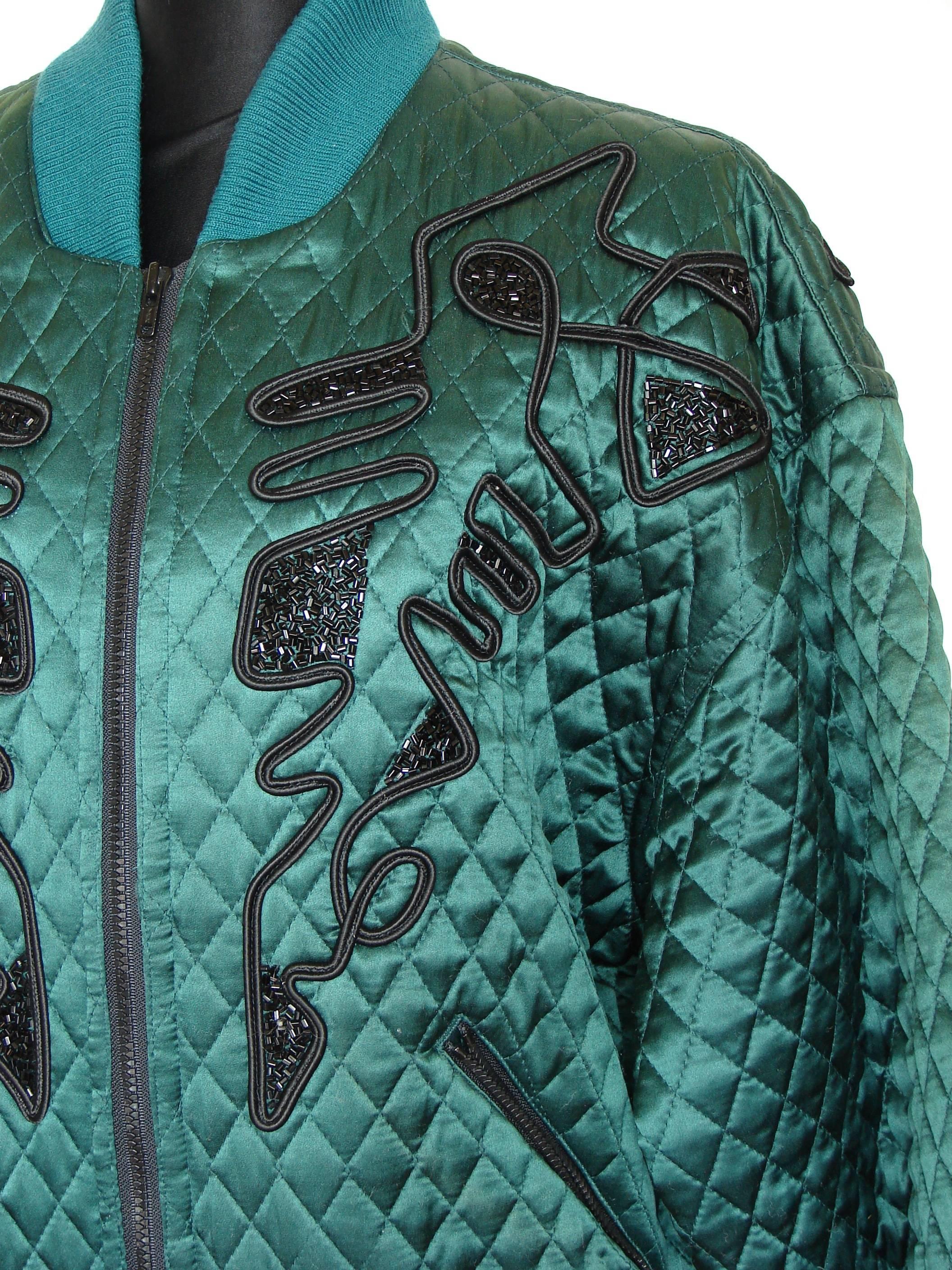 Women's Kansai Yamamoto O2 Green Quilted Silk Jacket with Black Jet Bead Designs 1980s M
