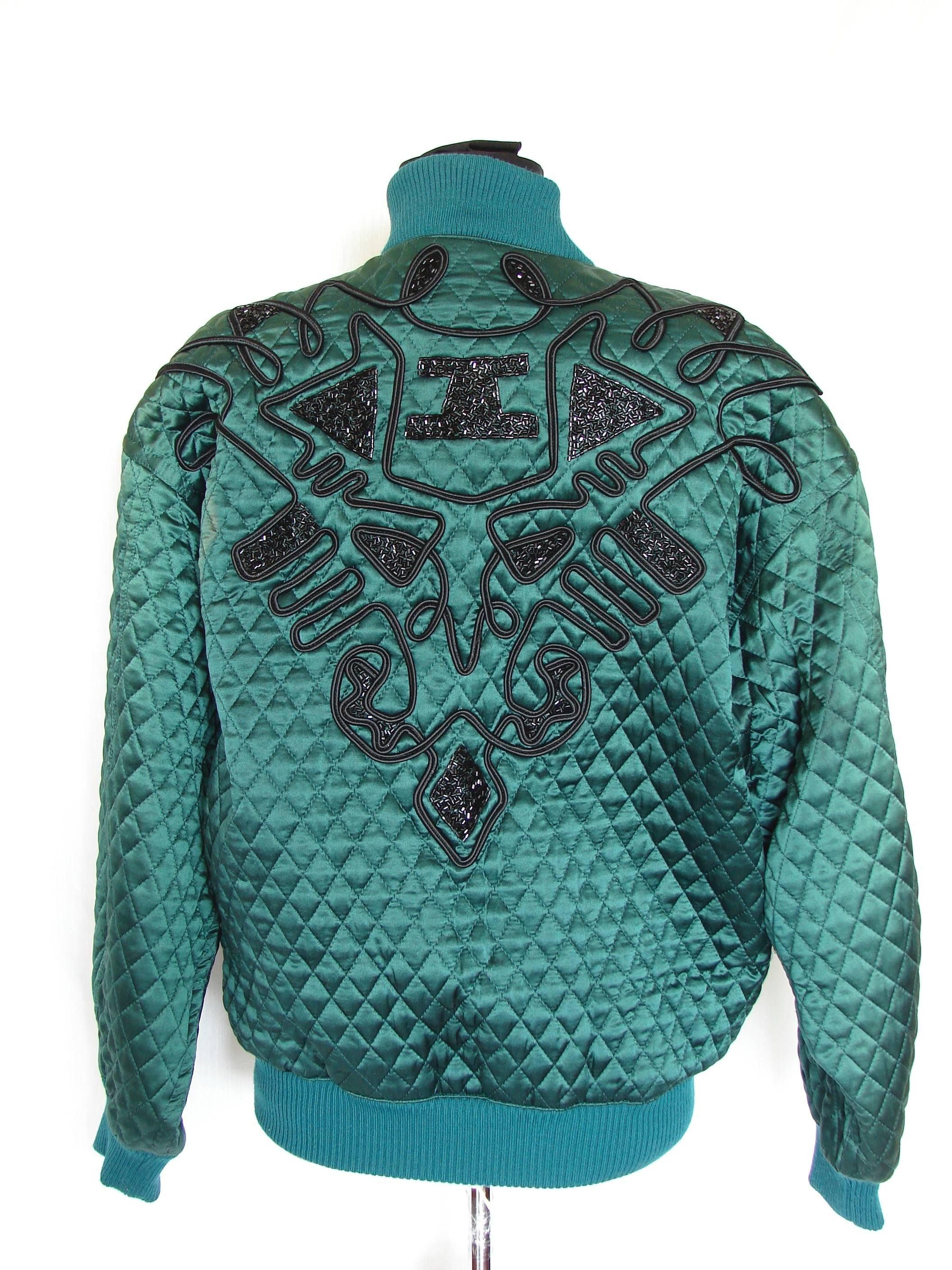 Kansai Yamamoto O2 Green Quilted Silk Jacket with Black Jet Bead Designs 1980s M 2