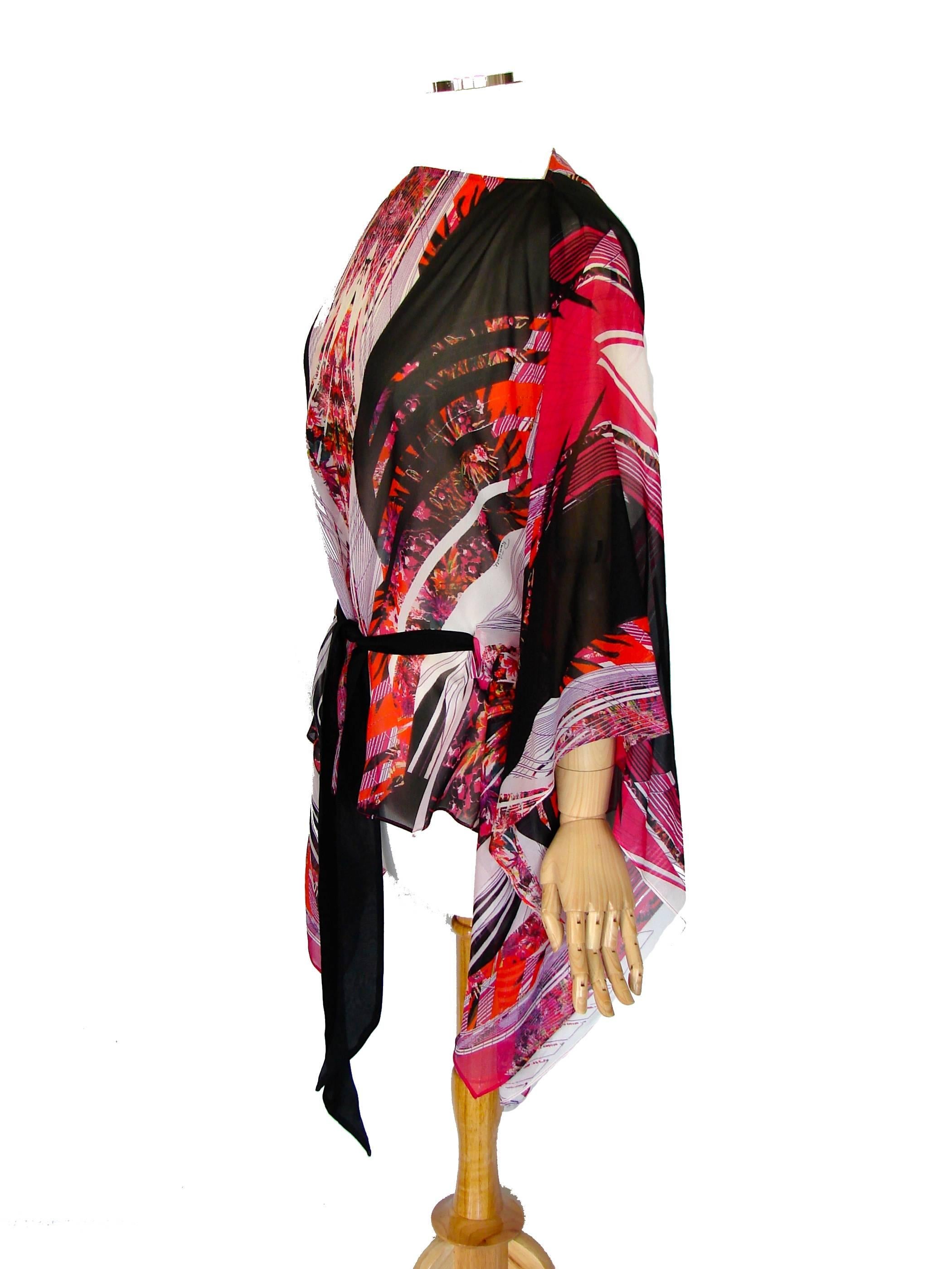 Pink Roberto Cavalli Sheer Silk Blouse Kimono Kaftan Cape Bold Colorful Print M