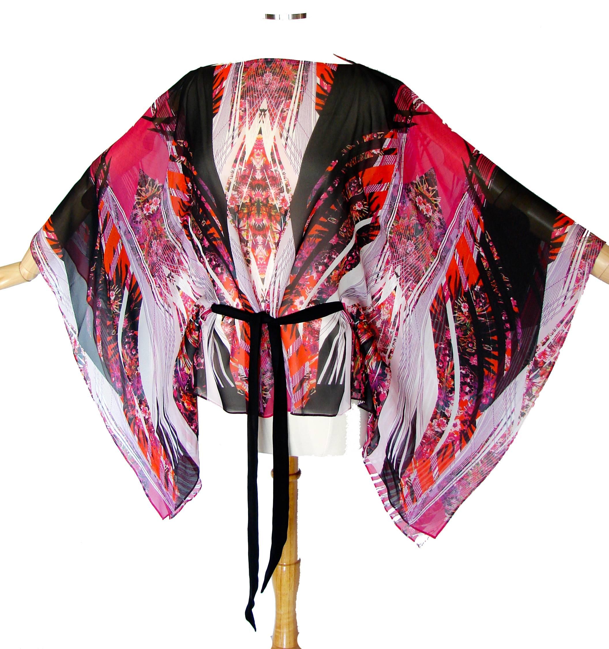 Roberto Cavalli Sheer Silk Blouse Kimono Kaftan Cape Bold Colorful Print M In Good Condition In Port Saint Lucie, FL