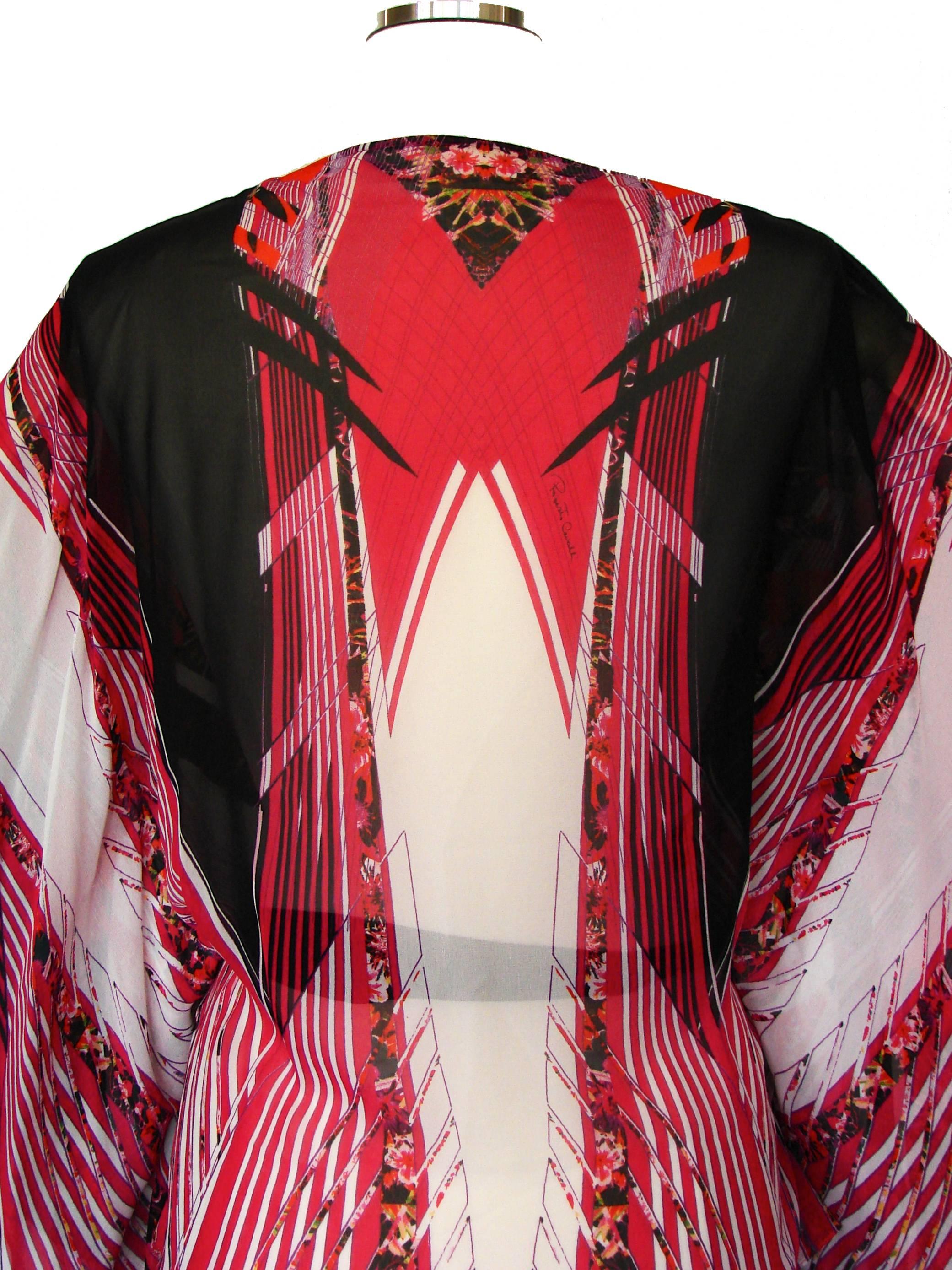 Roberto Cavalli Sheer Silk Blouse Kimono Kaftan Cape Bold Colorful Print M 1