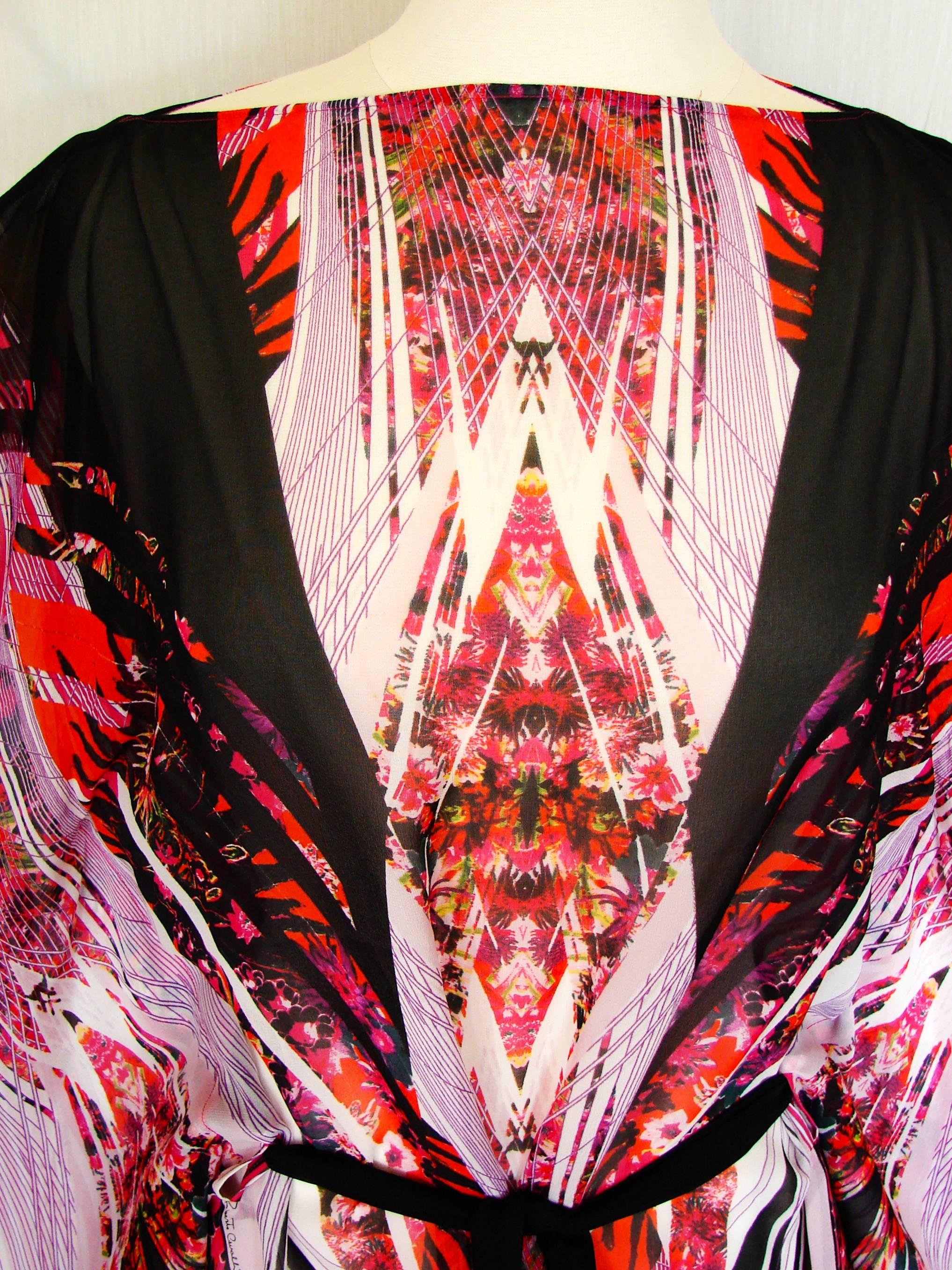 Roberto Cavalli Sheer Silk Blouse Kimono Kaftan Cape Bold Colorful Print M 2