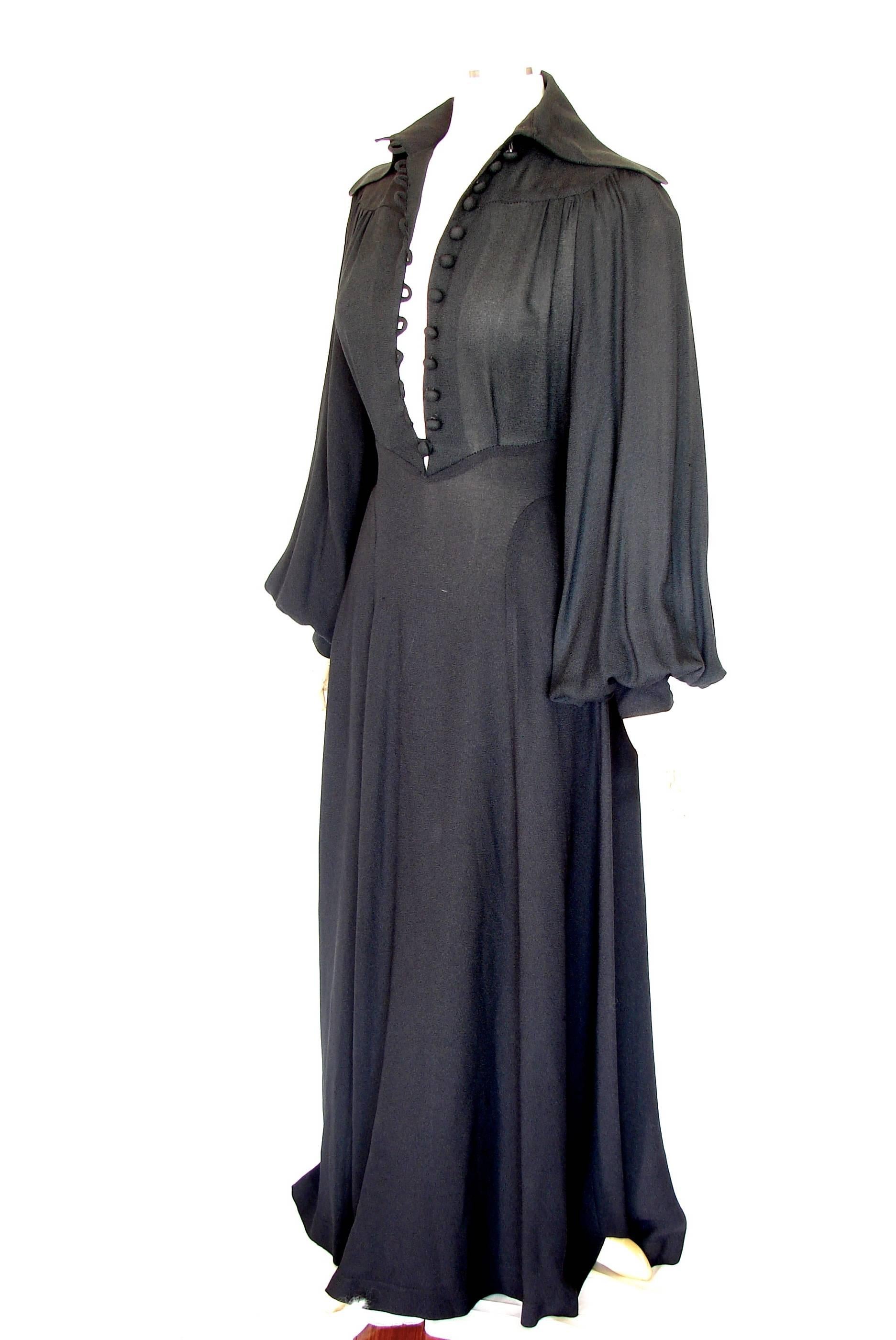 Ossie Clark for Radley Romantic Black Moss Crepe Bishop Sleeve Gown Maxi Sz 36  In Excellent Condition In Port Saint Lucie, FL