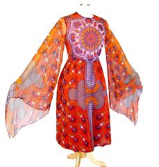 Bill Blass Ethereal Floral Chiffon Dress with Sweeping Angel Sleeves Sz 10 1970s