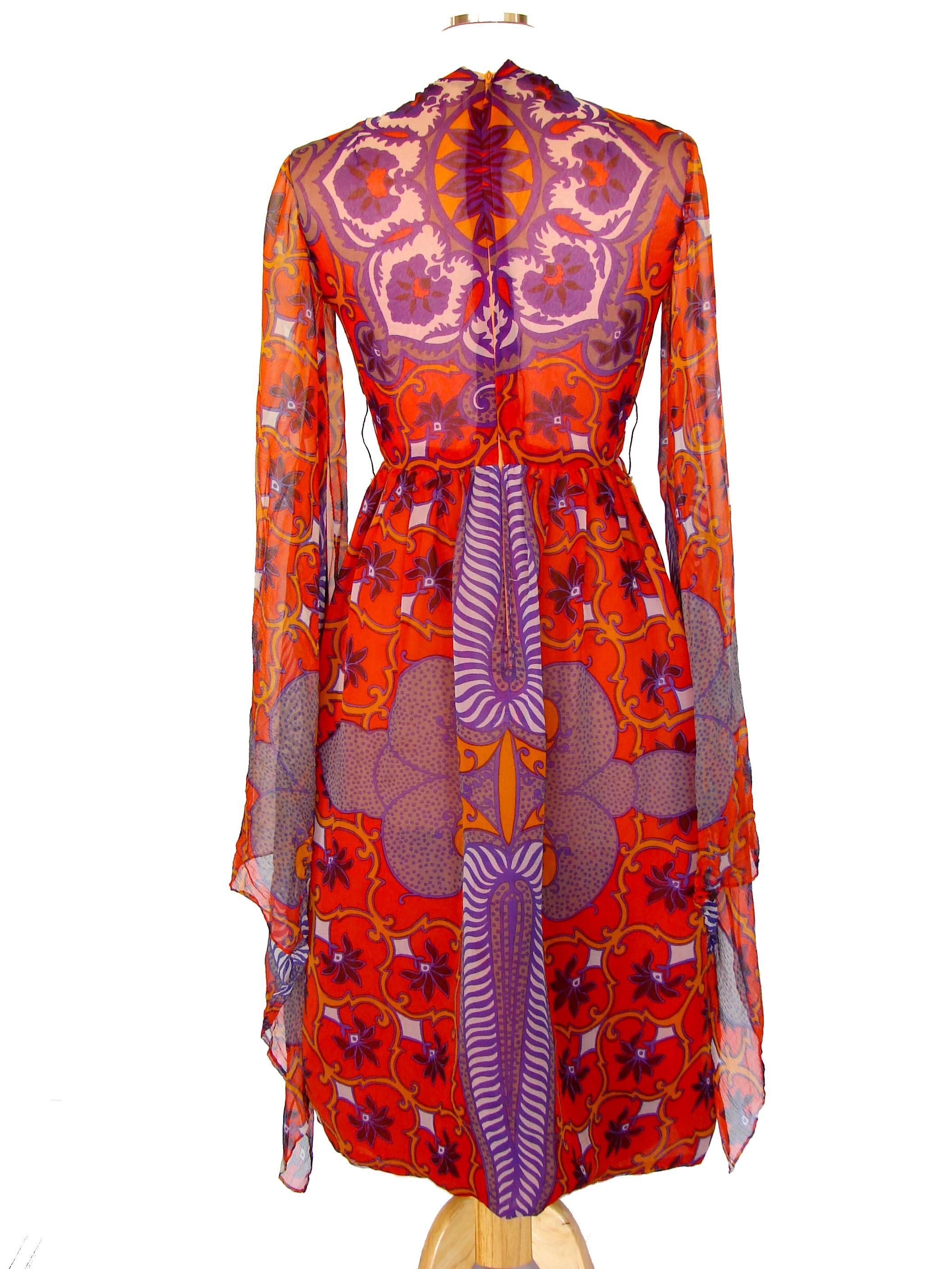Orange Bill Blass Ethereal Floral Chiffon Dress with Sweeping Angel Sleeves Sz 10 1970s