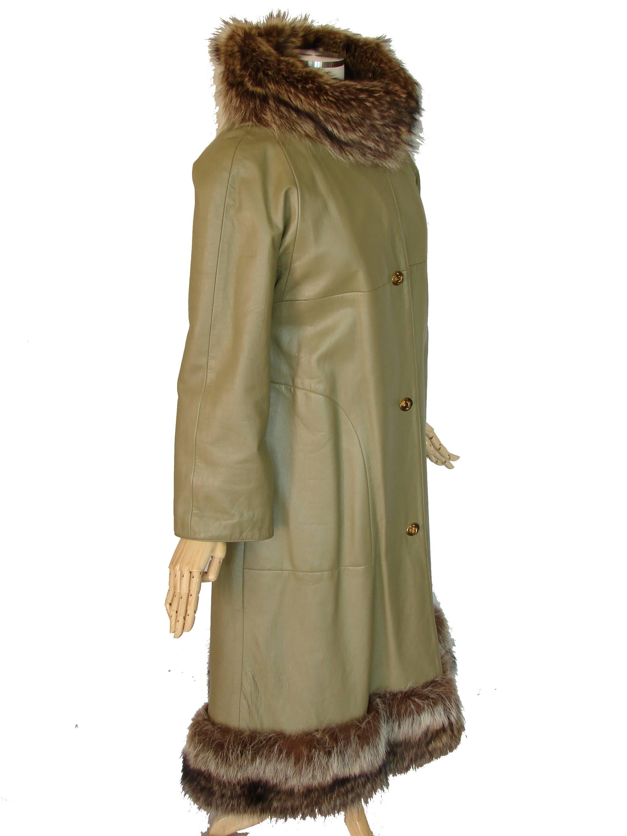 Brown Bonnie Cashin for Sills Leather Swing Coat with Raccoon Fur Trim 1960s Sz M
