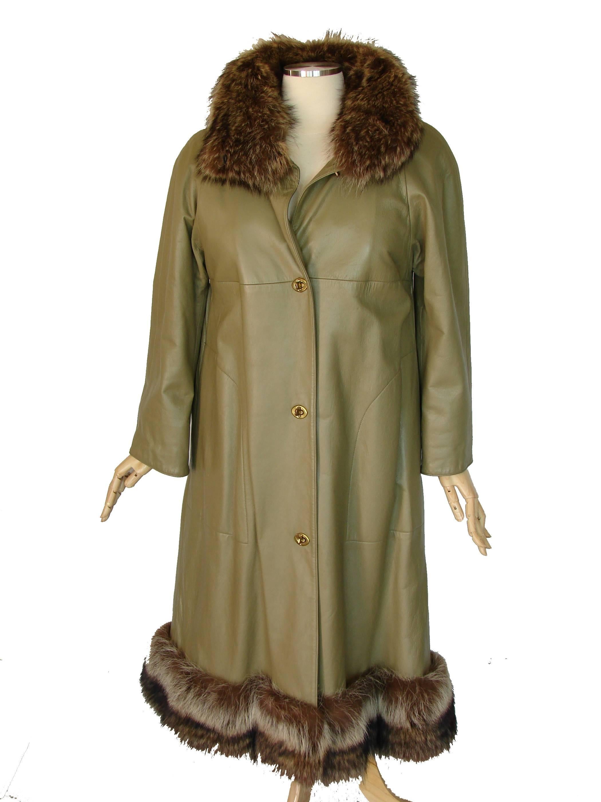 Bonnie Cashin for Sills Leather Swing Coat with Raccoon Fur Trim 1960s Sz M 1