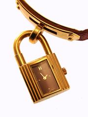 Elegant Hermes Paris Gold Kelly Watch with Red Face + Rouge H Leather Strap 90s