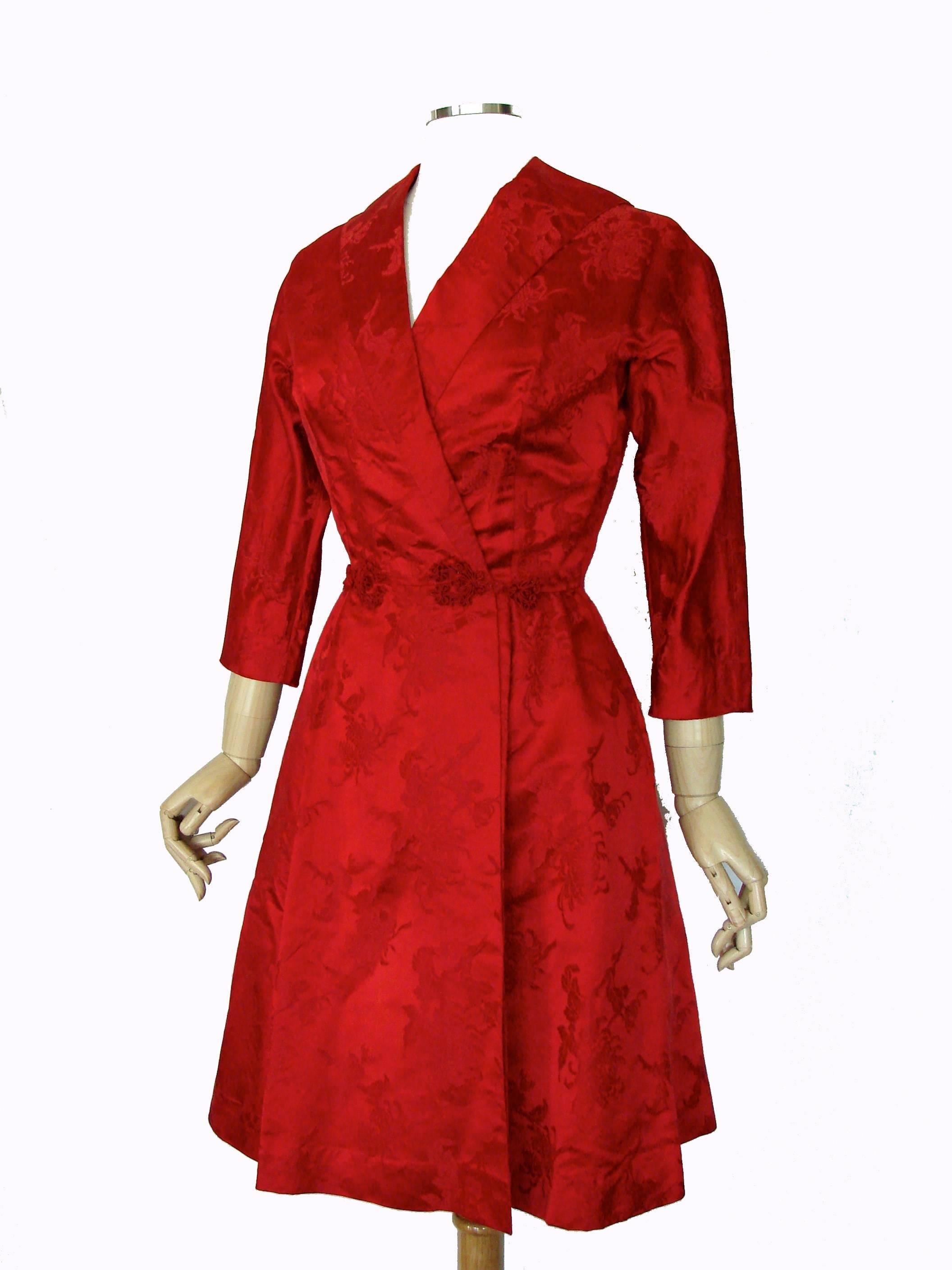 Women's Dynasty for Lord & Taylor Vivid Red Silk Dress with Flared Skirt 1960s Size M