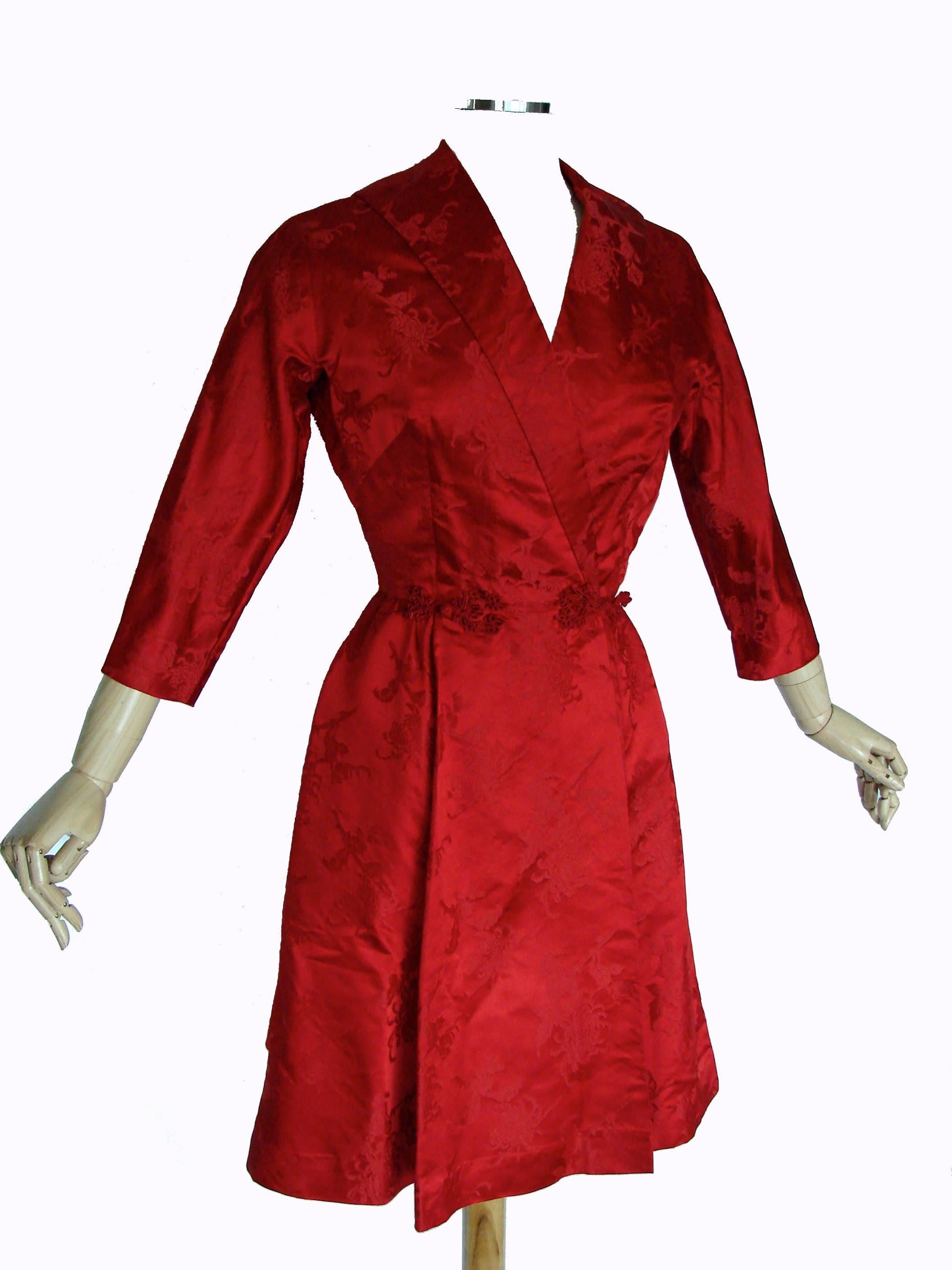 Dynasty for Lord & Taylor Vivid Red Silk Dress with Flared Skirt 1960s Size M In Good Condition In Port Saint Lucie, FL