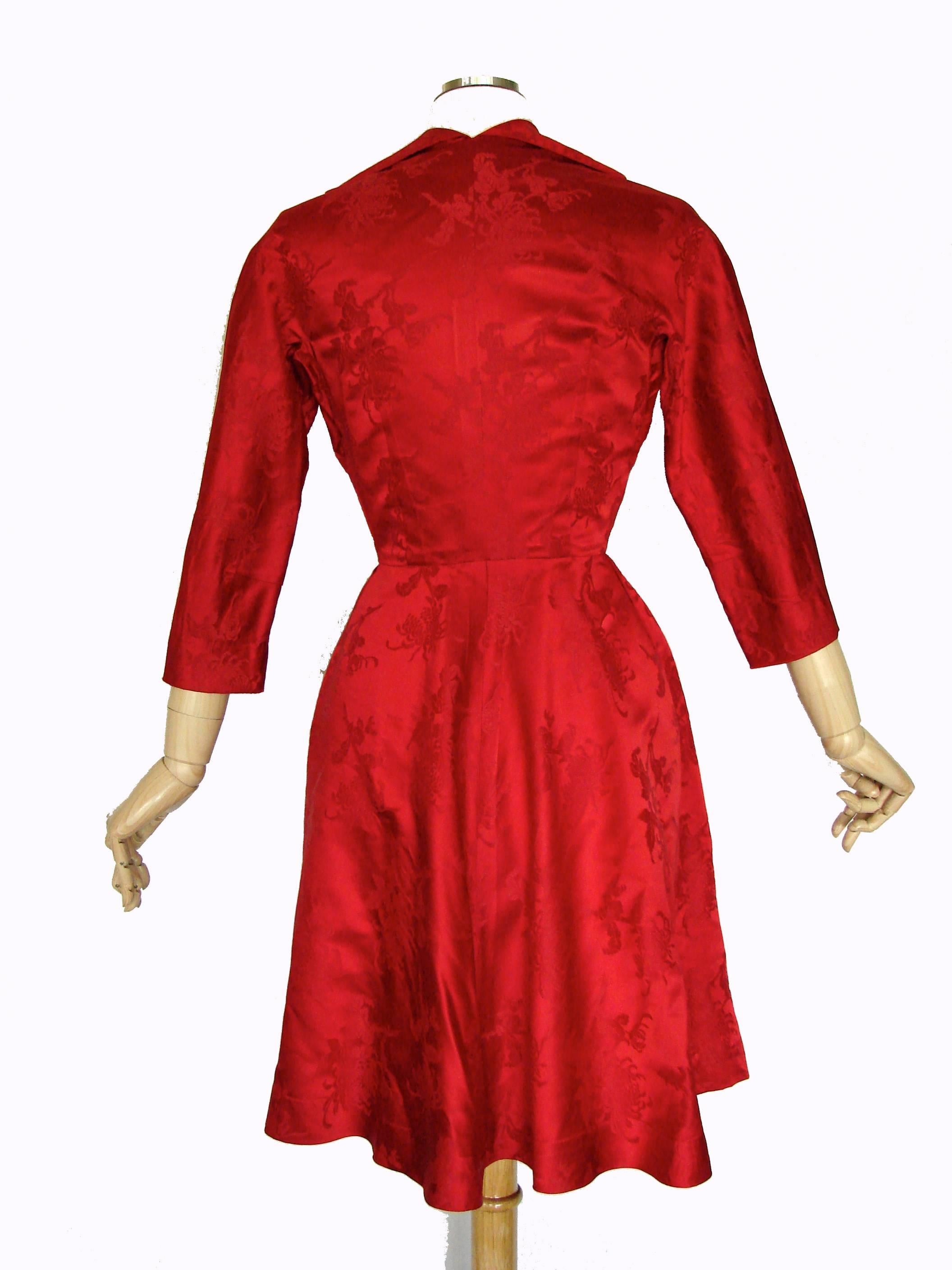 Dynasty for Lord & Taylor Vivid Red Silk Dress with Flared Skirt 1960s Size M 4