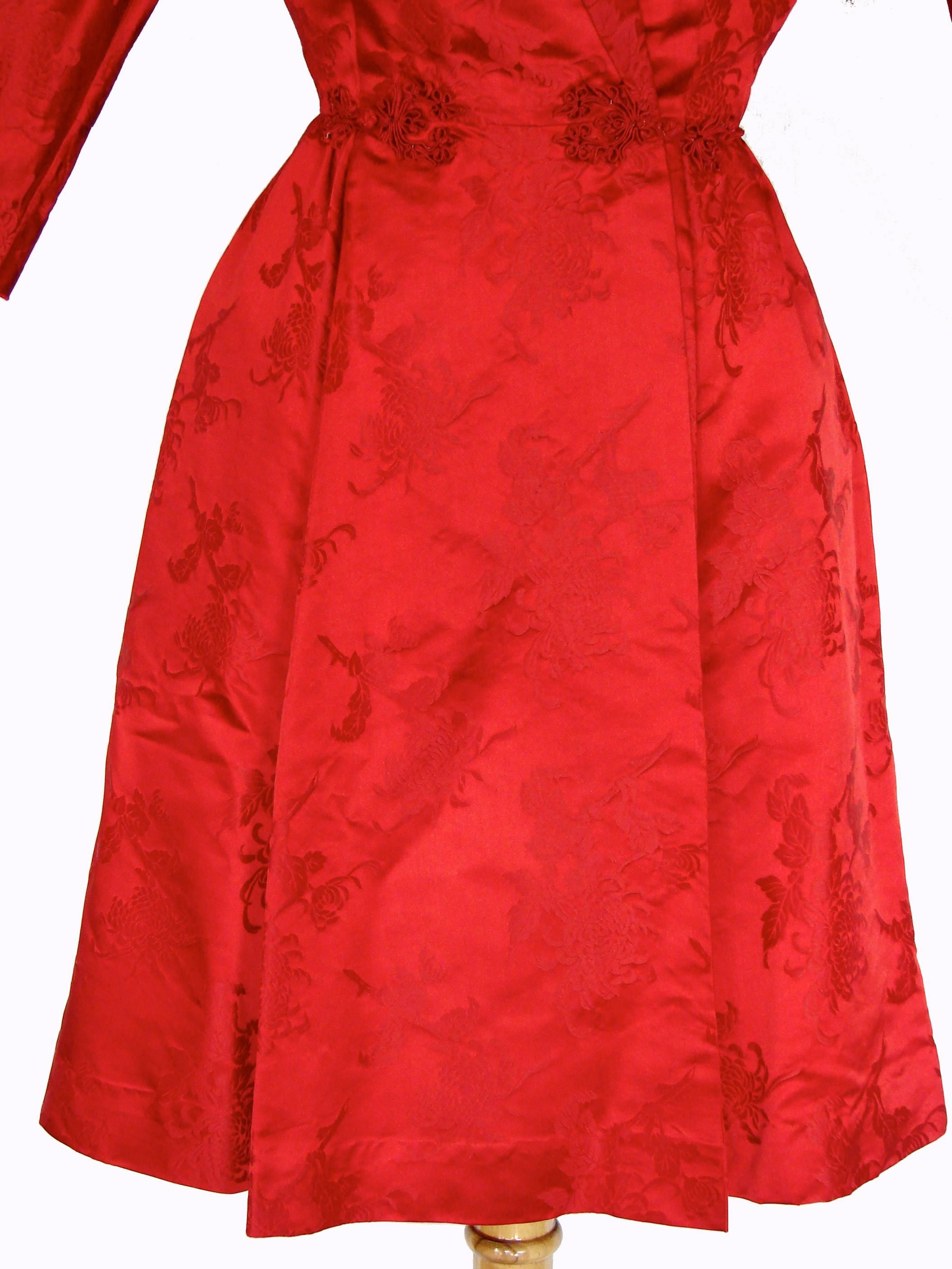 Dynasty for Lord & Taylor Vivid Red Silk Dress with Flared Skirt 1960s Size M 3