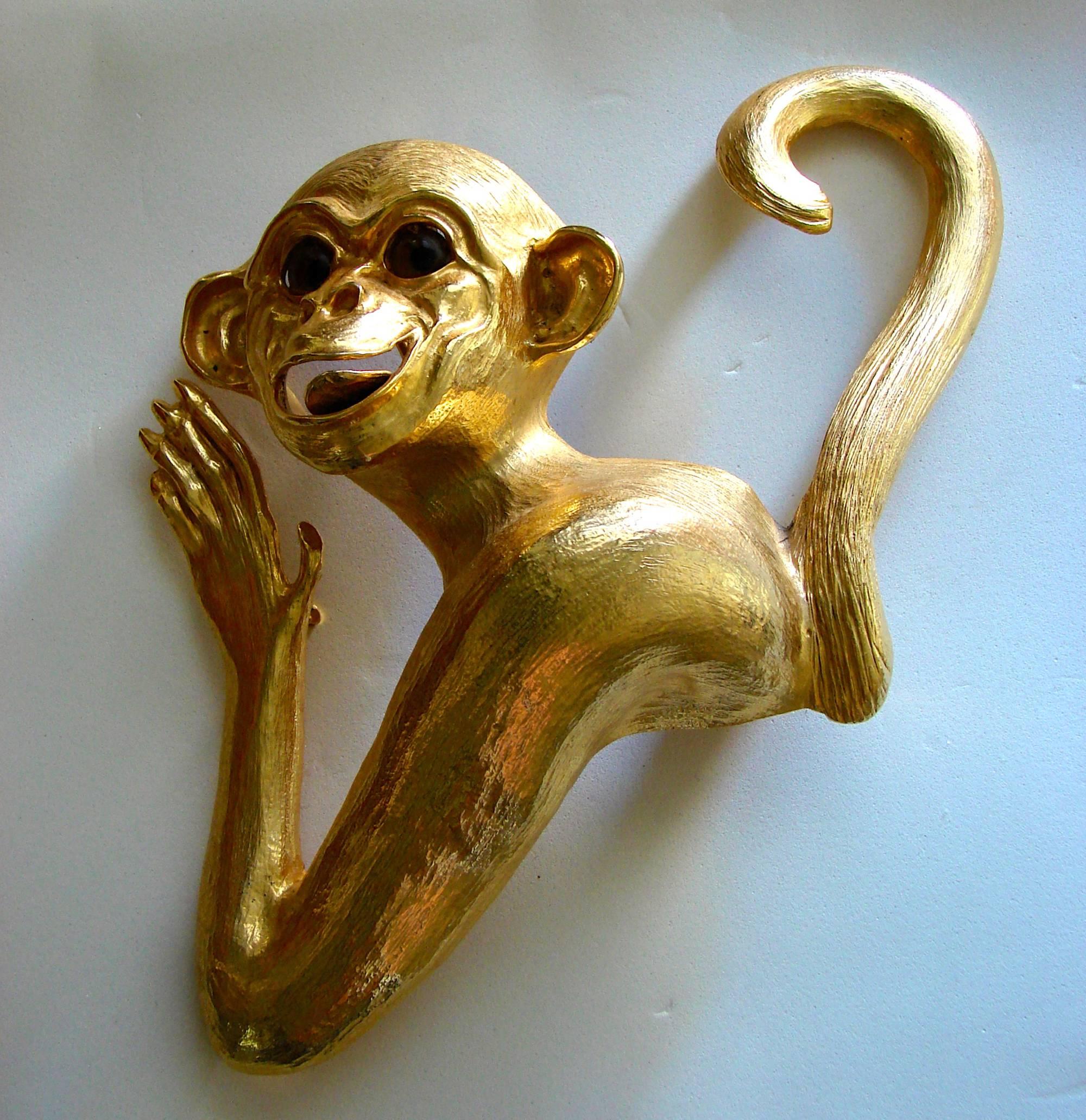 Women's Rare Christopher Ross Massive Smiling Monkey Belt Buckle 24ct Gold Plate 1980s