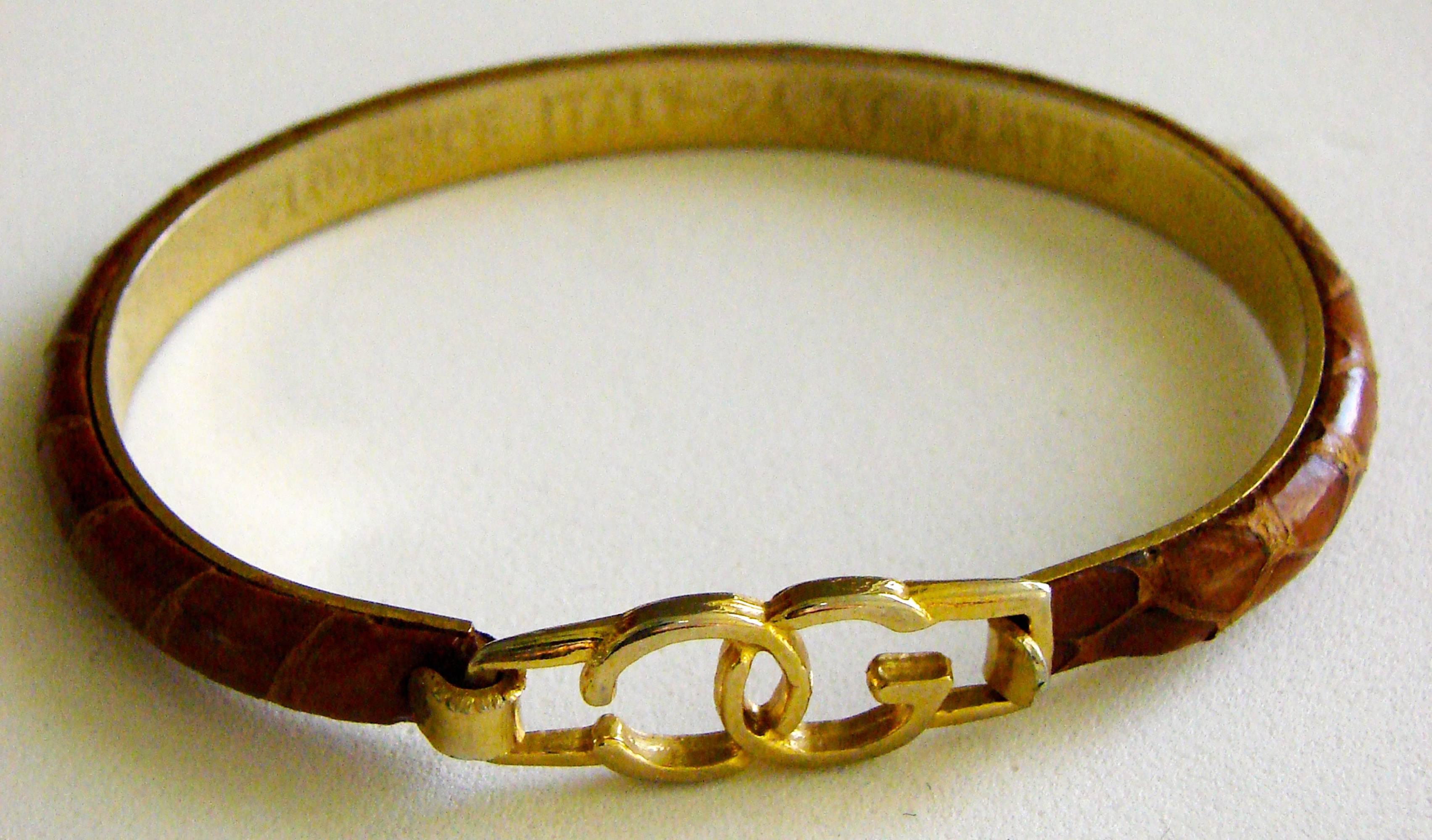 Women's Casini and Gori Gold CG Logo Crocodile Bangle Bracelet 24 KT GP Florence 1970s