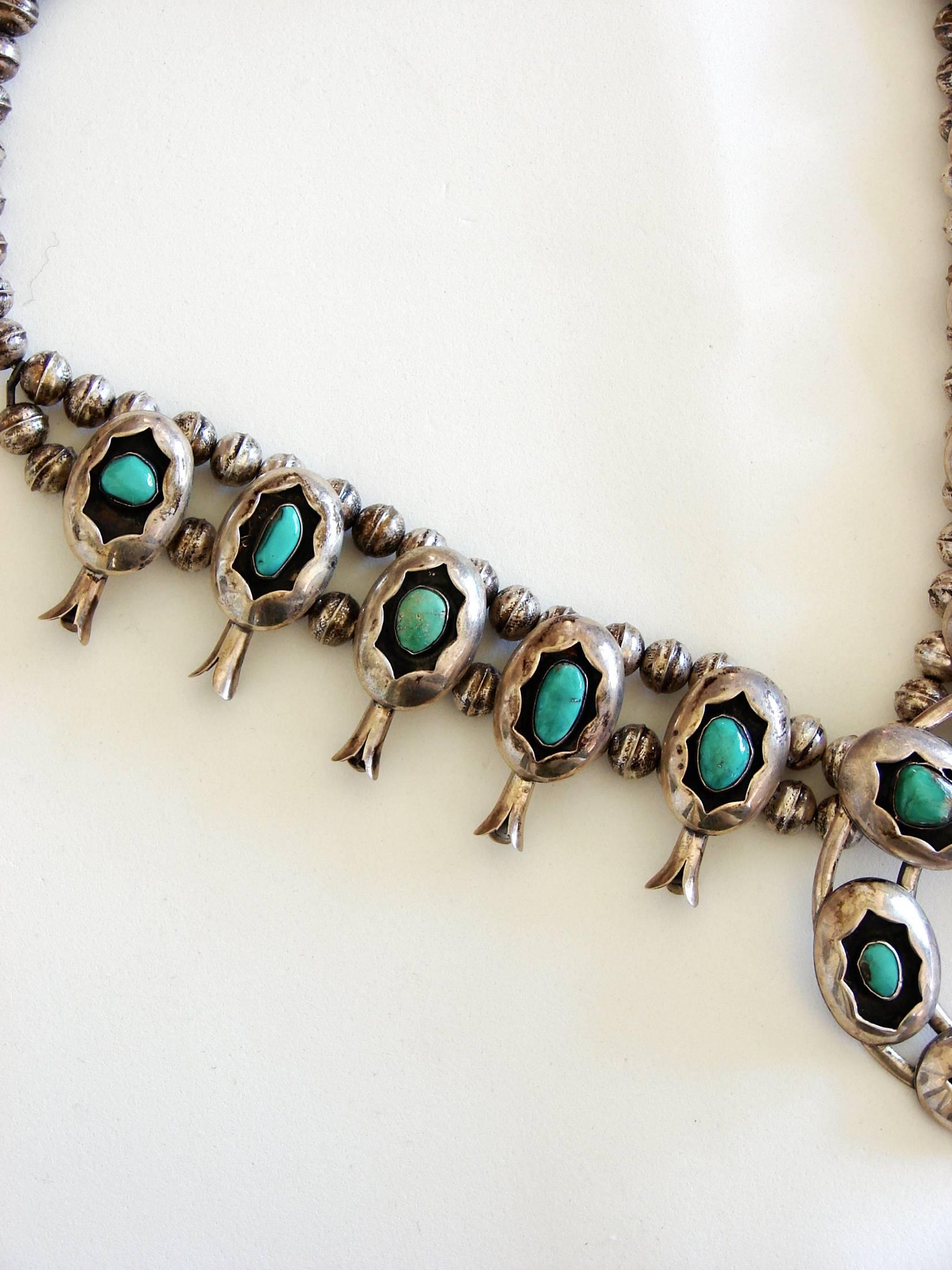 Squash Blossom Necklace Shadowbox Sterling Silver And Turquoise Navajo 1970s  2