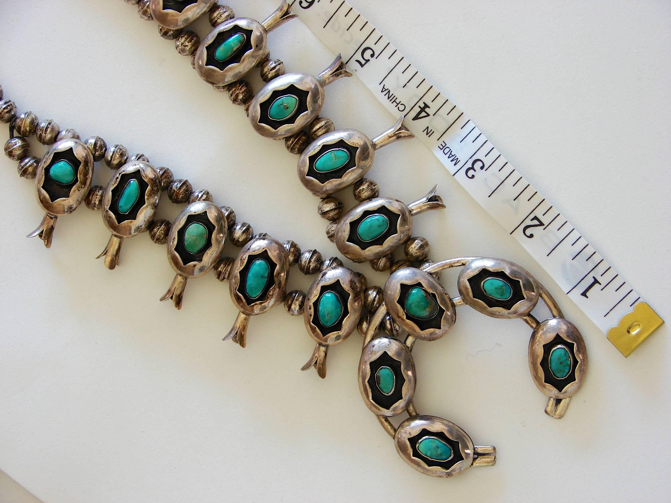 Squash Blossom Necklace Shadowbox Sterling Silver And Turquoise Navajo 1970s  In Good Condition In Port Saint Lucie, FL