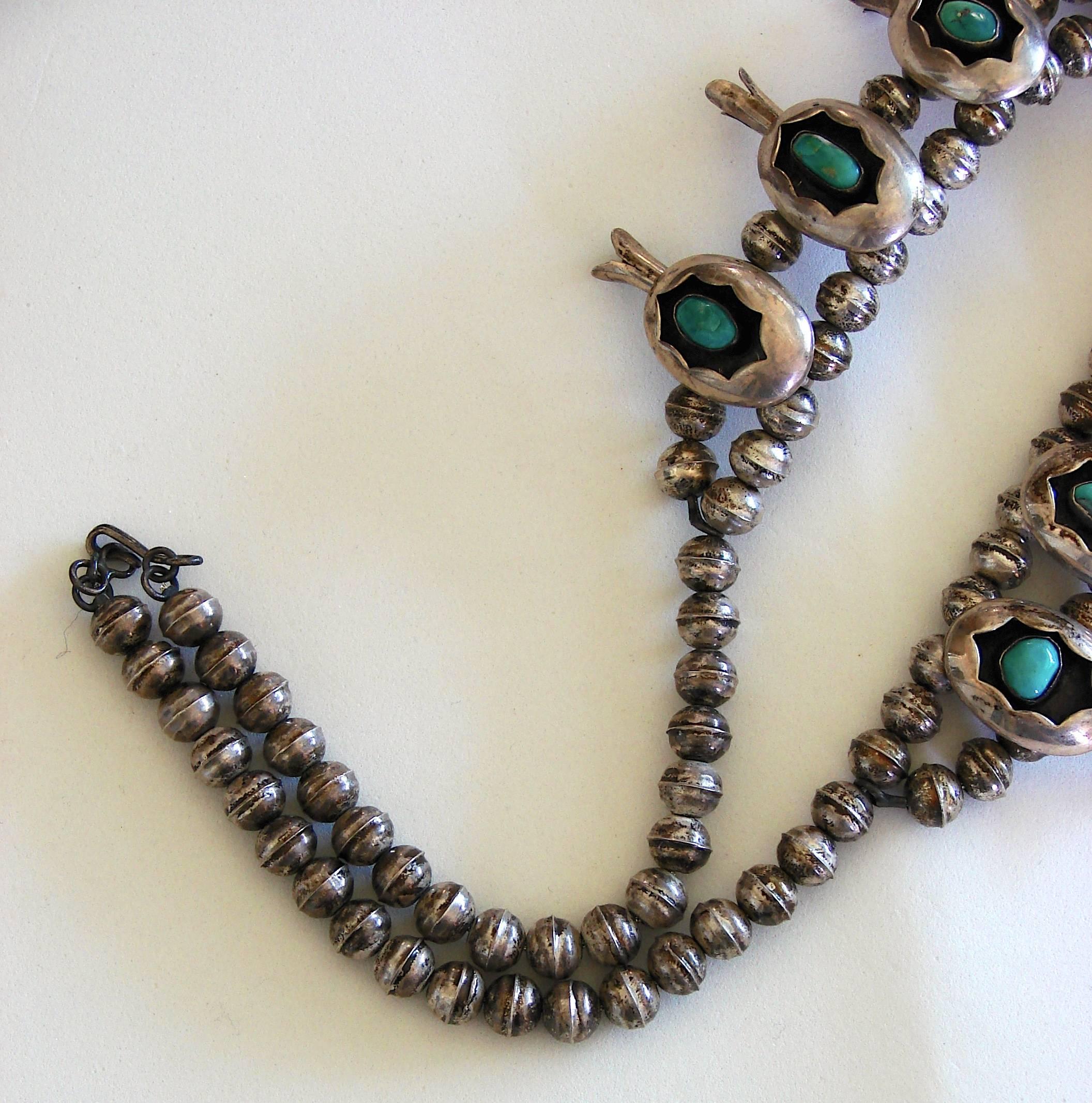 Squash Blossom Necklace Shadowbox Sterling Silver And Turquoise Navajo 1970s  1