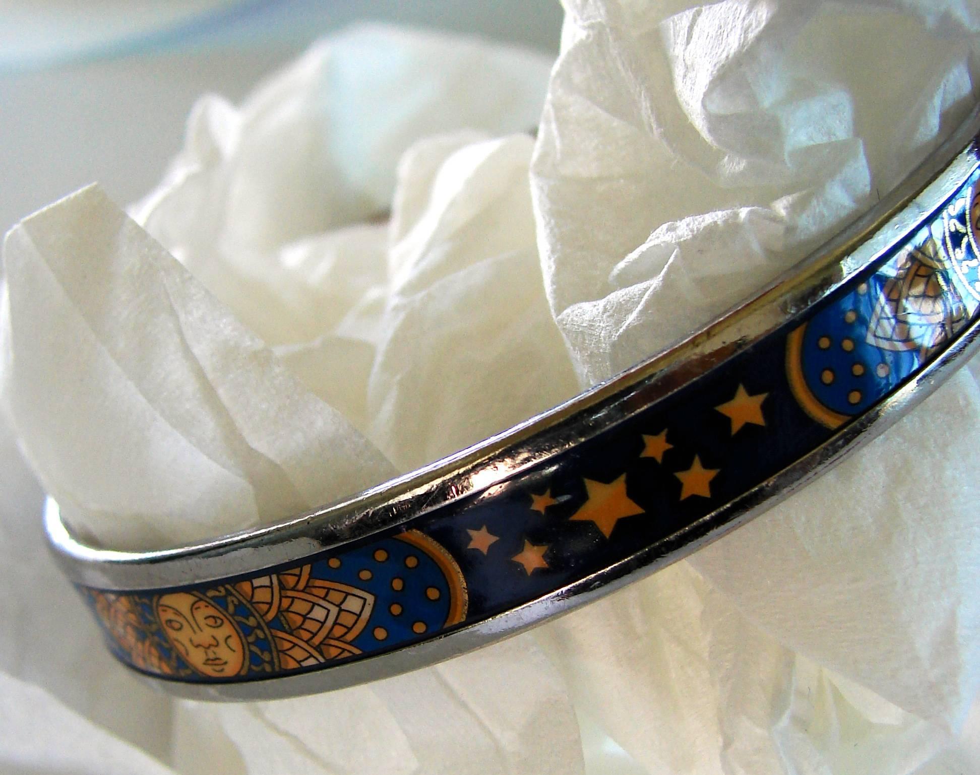 Hermes Sun Moon Stars Printed Enamel + Silver Bracelet Narrow Bangle sz 70 2007  In Good Condition In Port Saint Lucie, FL
