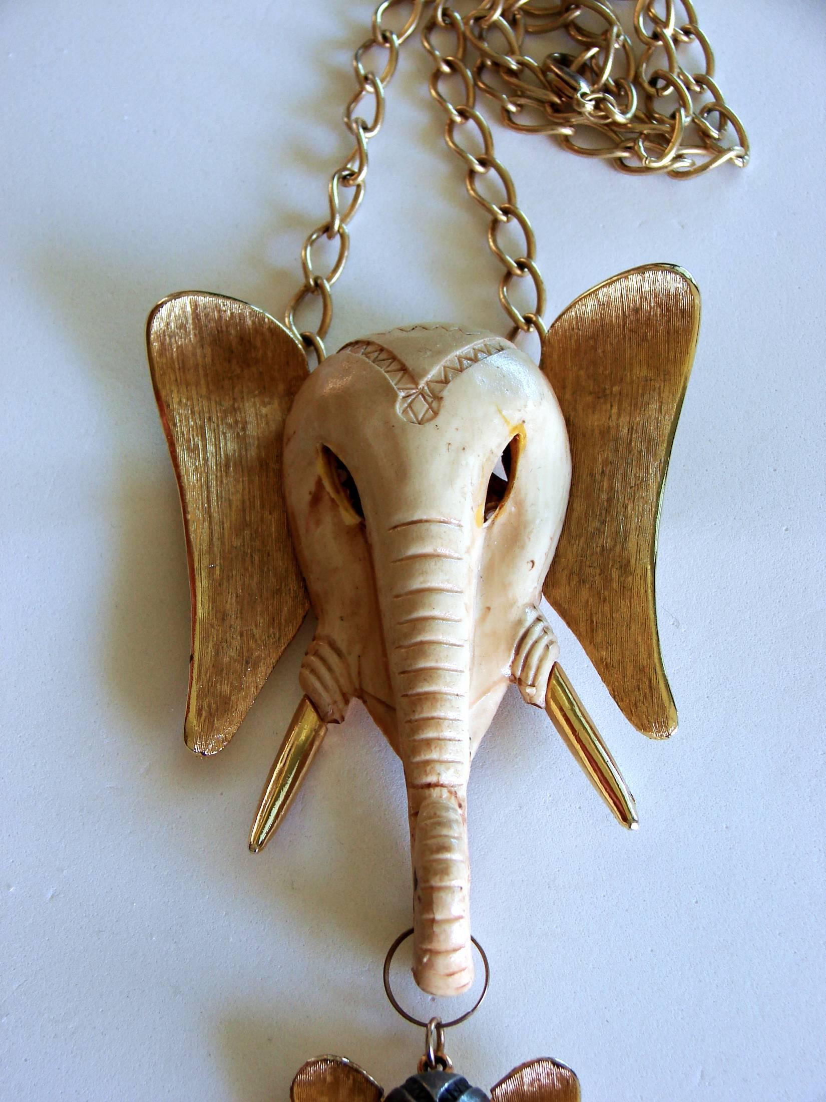 Contemporary Massive Elephant Head Necklace by Razza Rare Statement Piece 1970s 