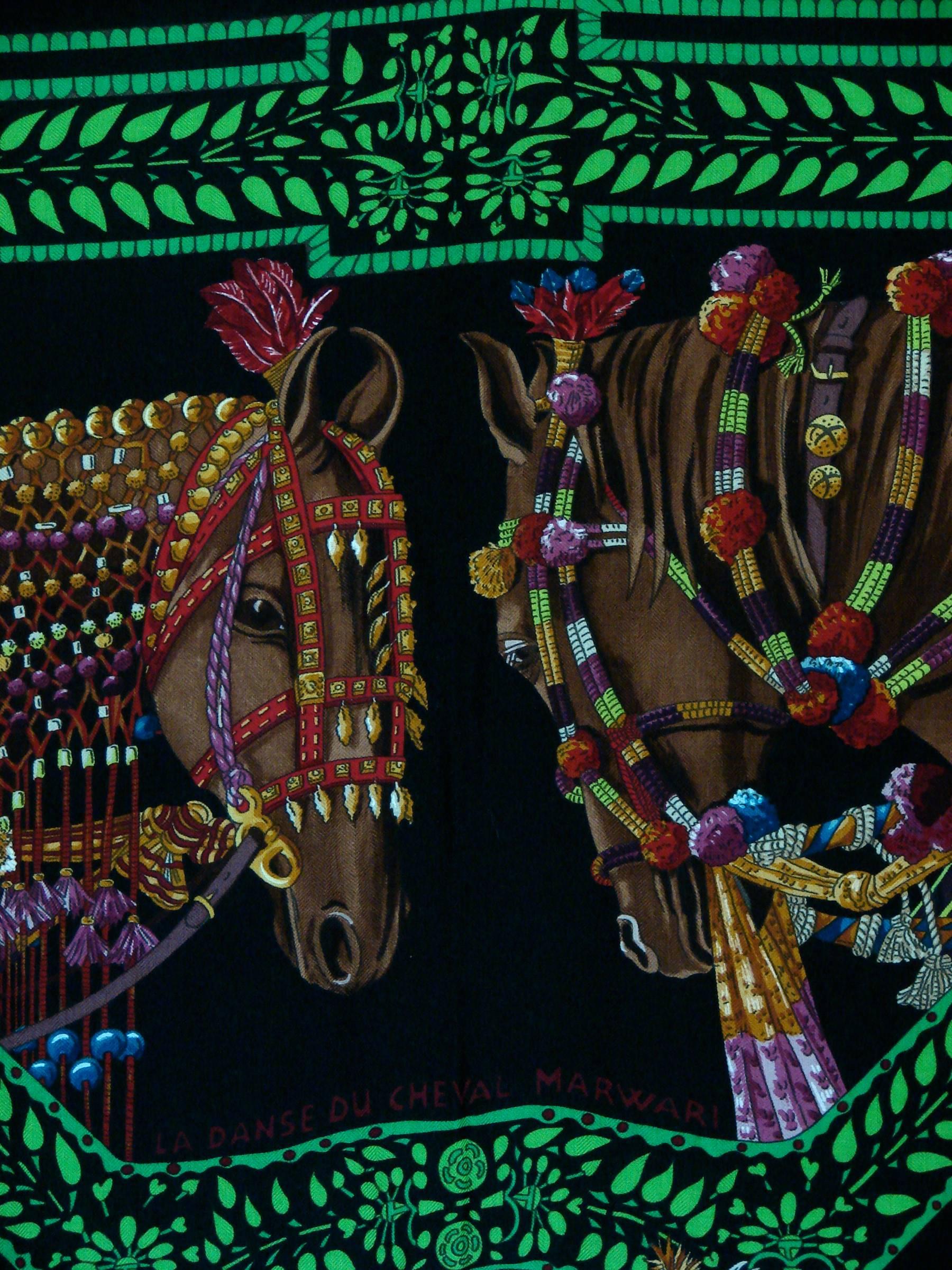 Black Hermes Cashmere Silk Shawl Scarf 140cm La Danse du Cheval Marwari A. Faivre