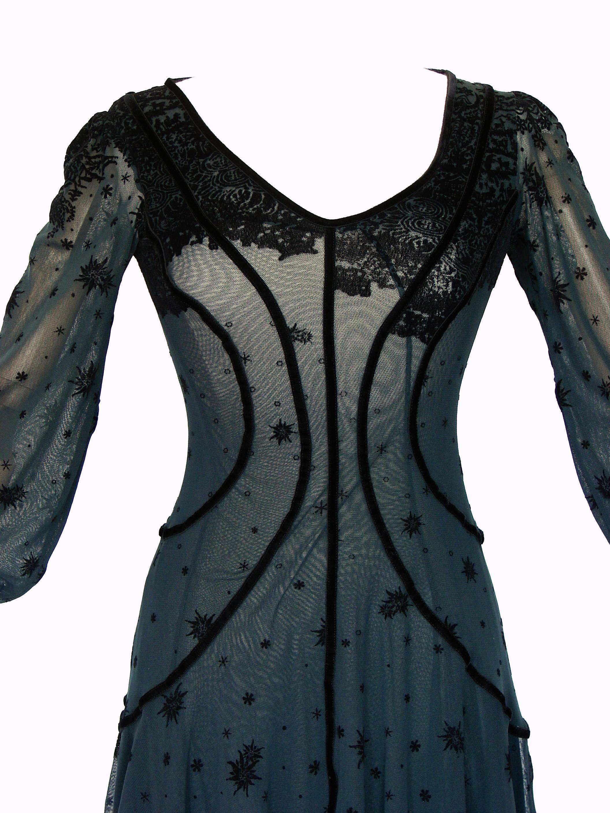 Jean Paul Gaultier Exquisite Black Sheer Mesh Cocktail Dress with Velvet Burnout 1