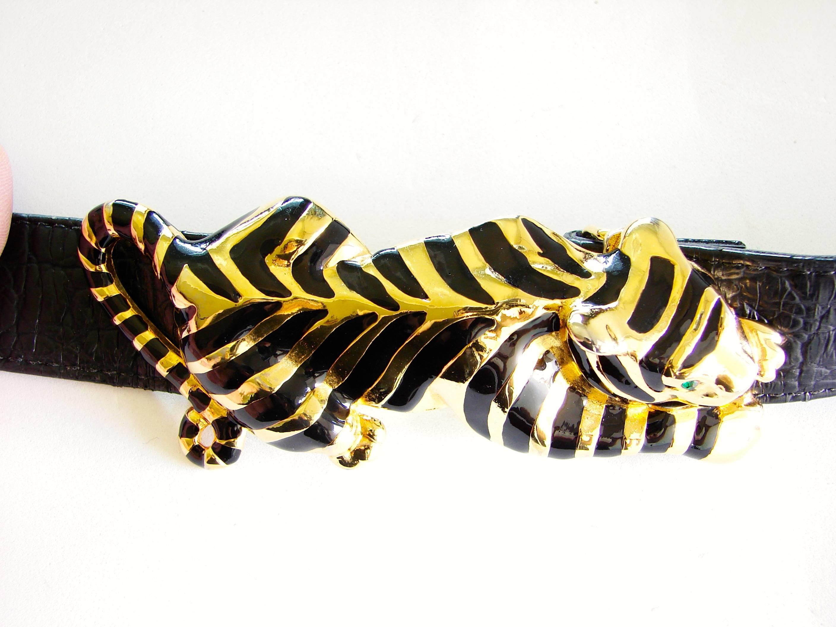 Black Gold Striped Tiger Belt Buckle Large 5 inches + Strap Hattie Carnegie Attr. 70s